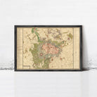 The image is a framed map of a city, likely Paris, with various landmarks and streets depicted.