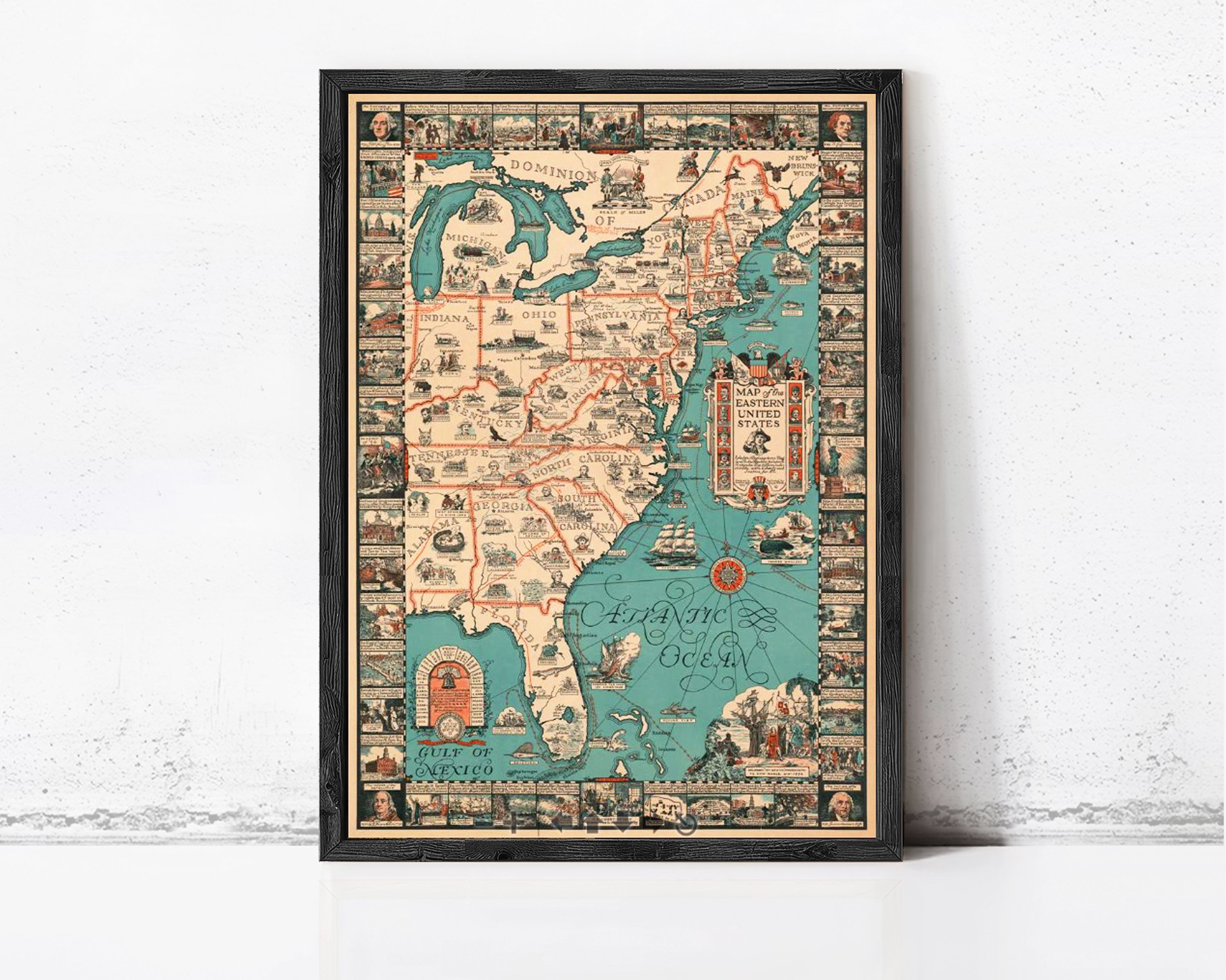 The image is a framed vintage map of the United States, depicting various states and regions in a detailed and colorful manner.