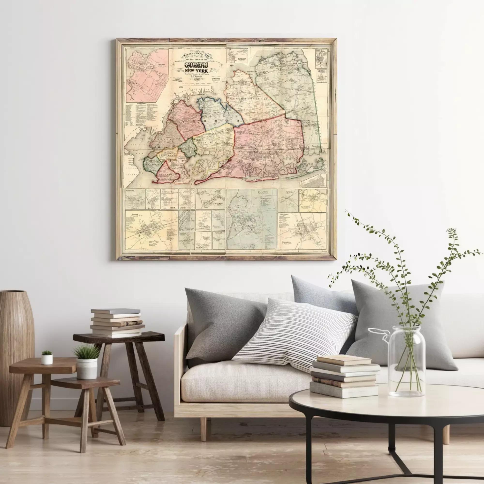 a large framed map of the state of New Jersey hanging on a wall above a couch and a coffee table in a living room setting.