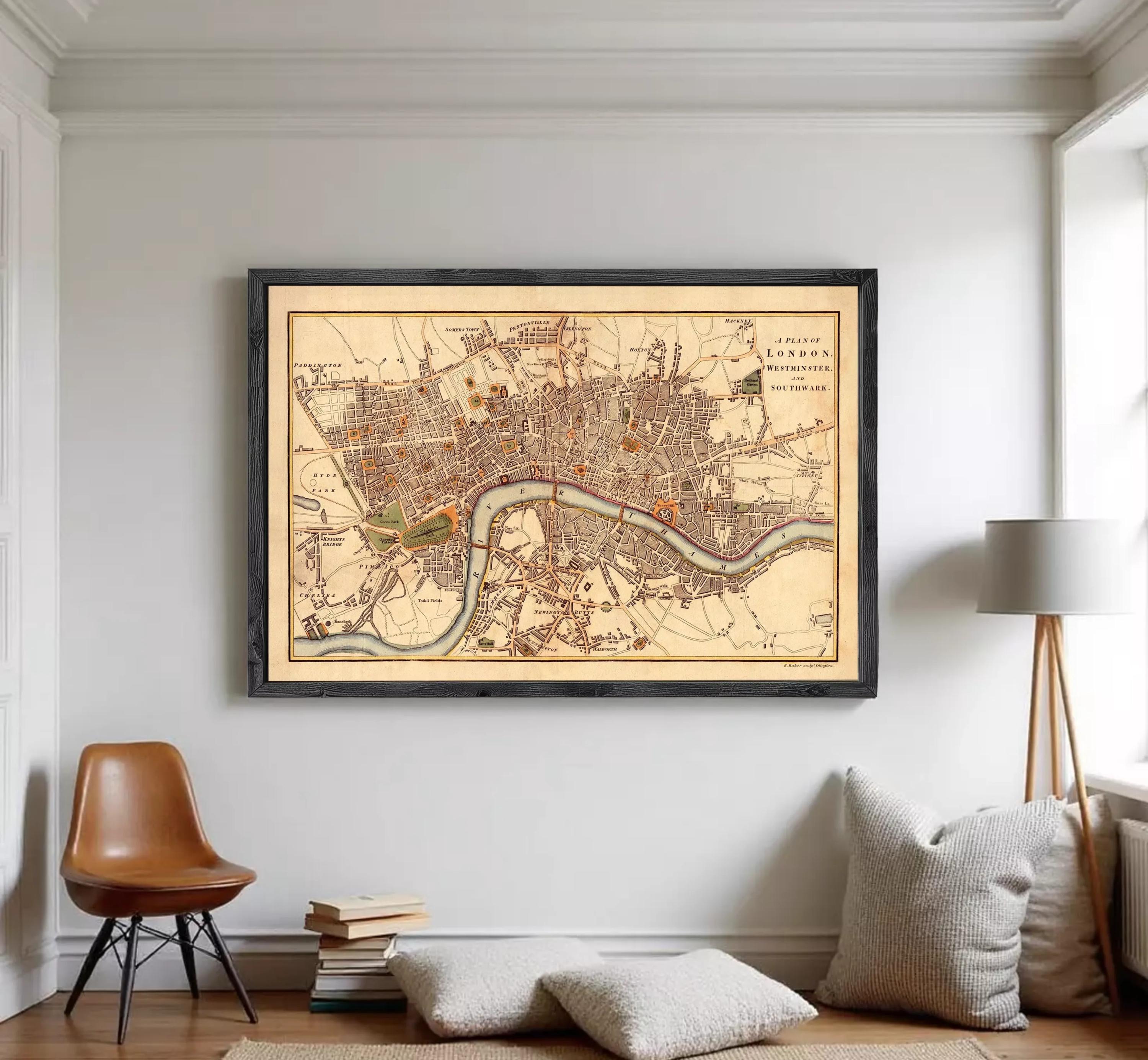 A framed map of London, England, dating back to the year 1753.