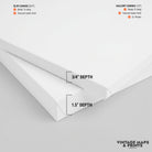 The image is a close-up of a white canvas with measurements and text indicating the thicknesses of the canvas.