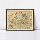 The image is a framed antique map of the region of Poland, featuring detailed geographical information and various landmarks.