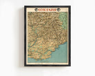The image is a framed vintage map of the Cote d'azur region, depicting the area's mountainous terrain and coastline.