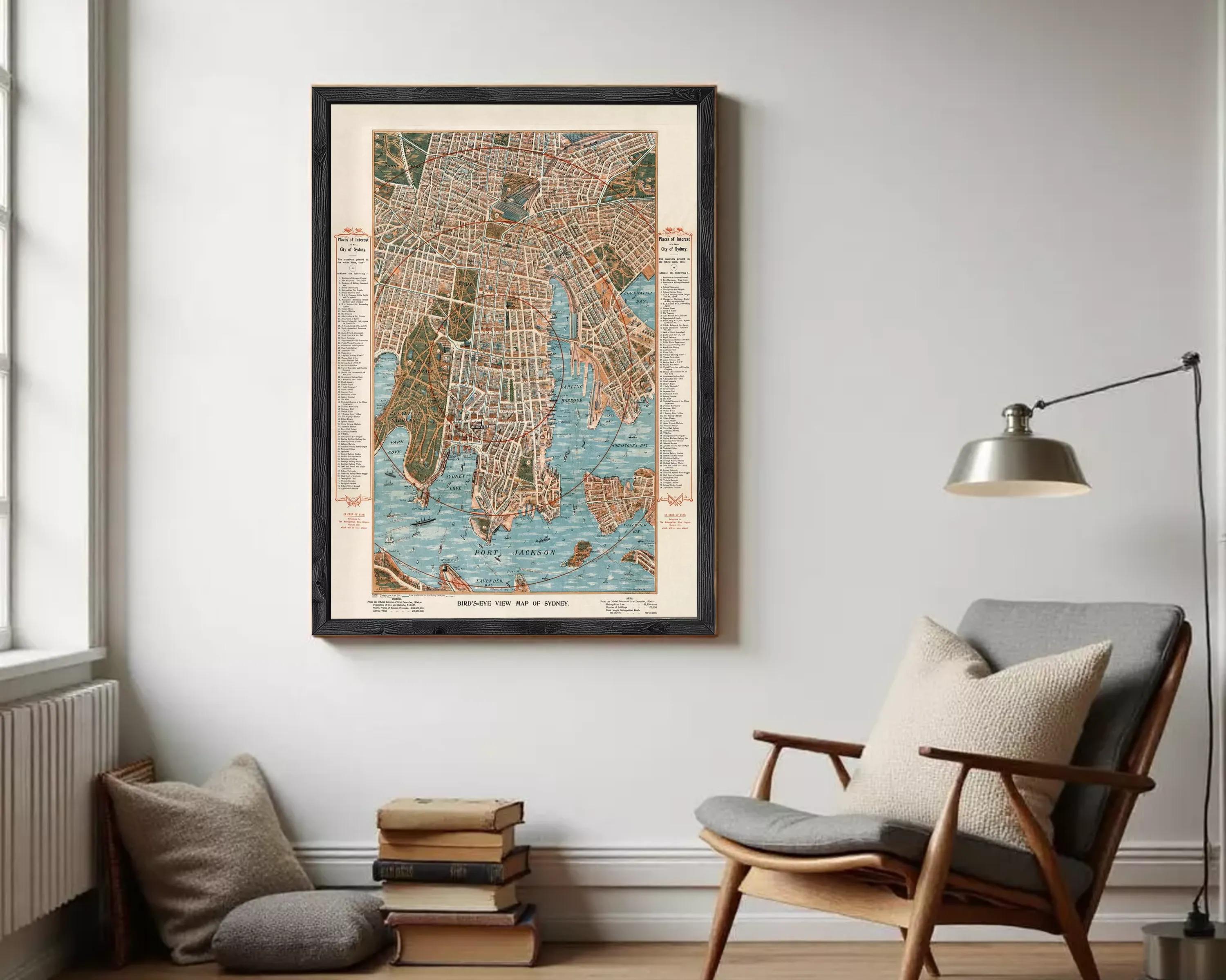 The image is a framed vintage map of Sydney, Australia, depicting the city's streets and landmarks.