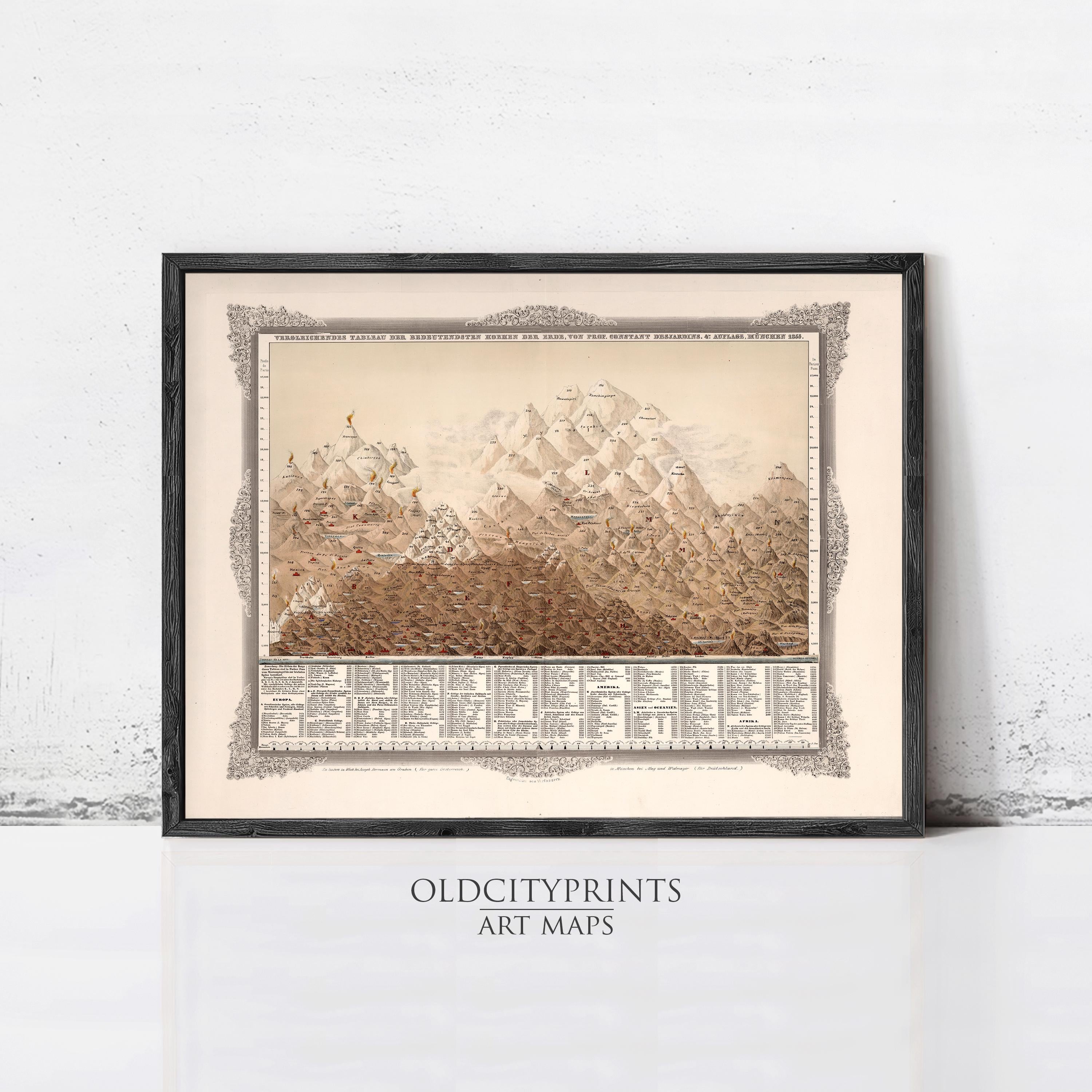 The image is a framed art print depicting a detailed map of mountainous terrain.
