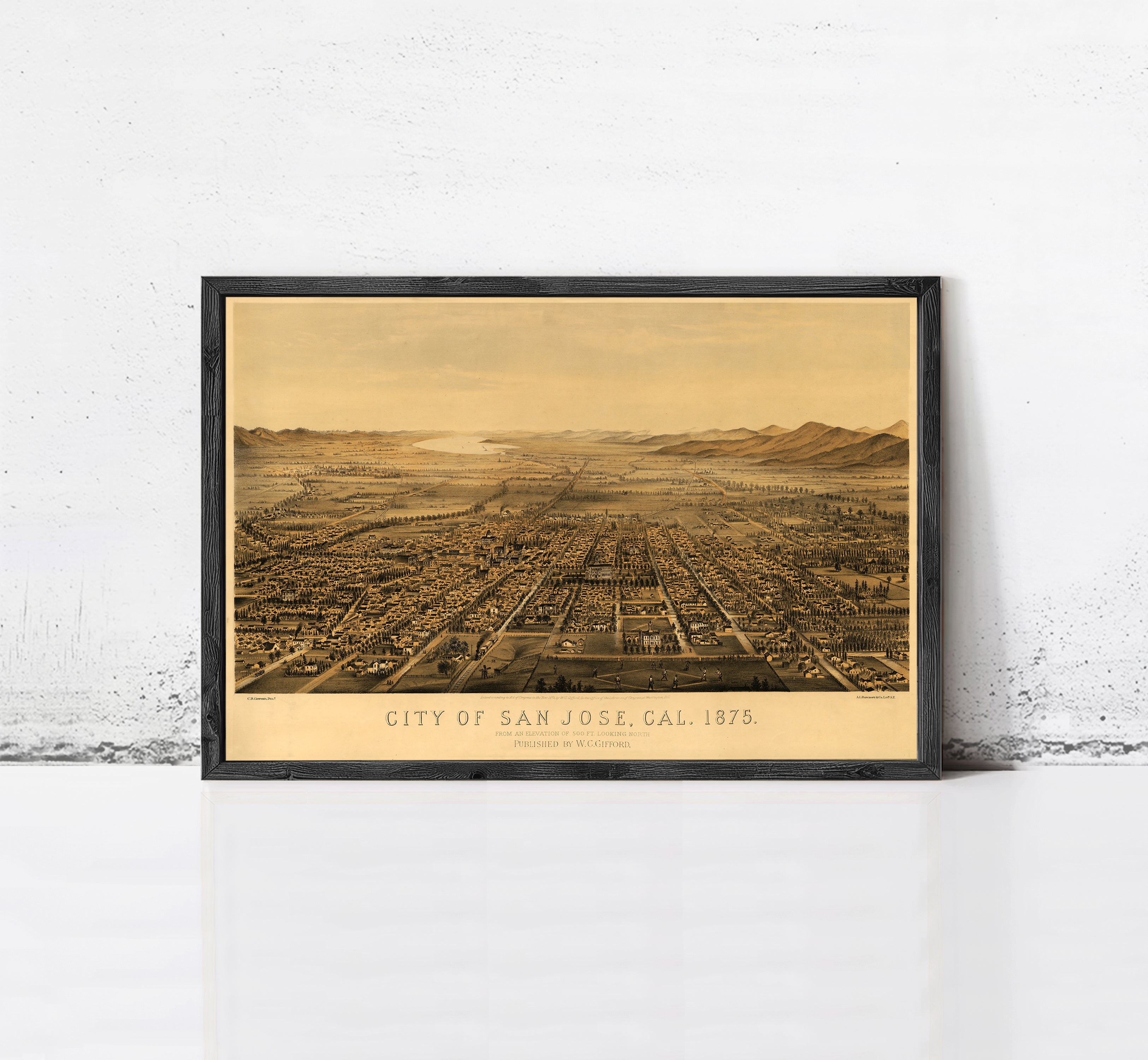 The image is a framed vintage map of San Jose, California, dated 1875.