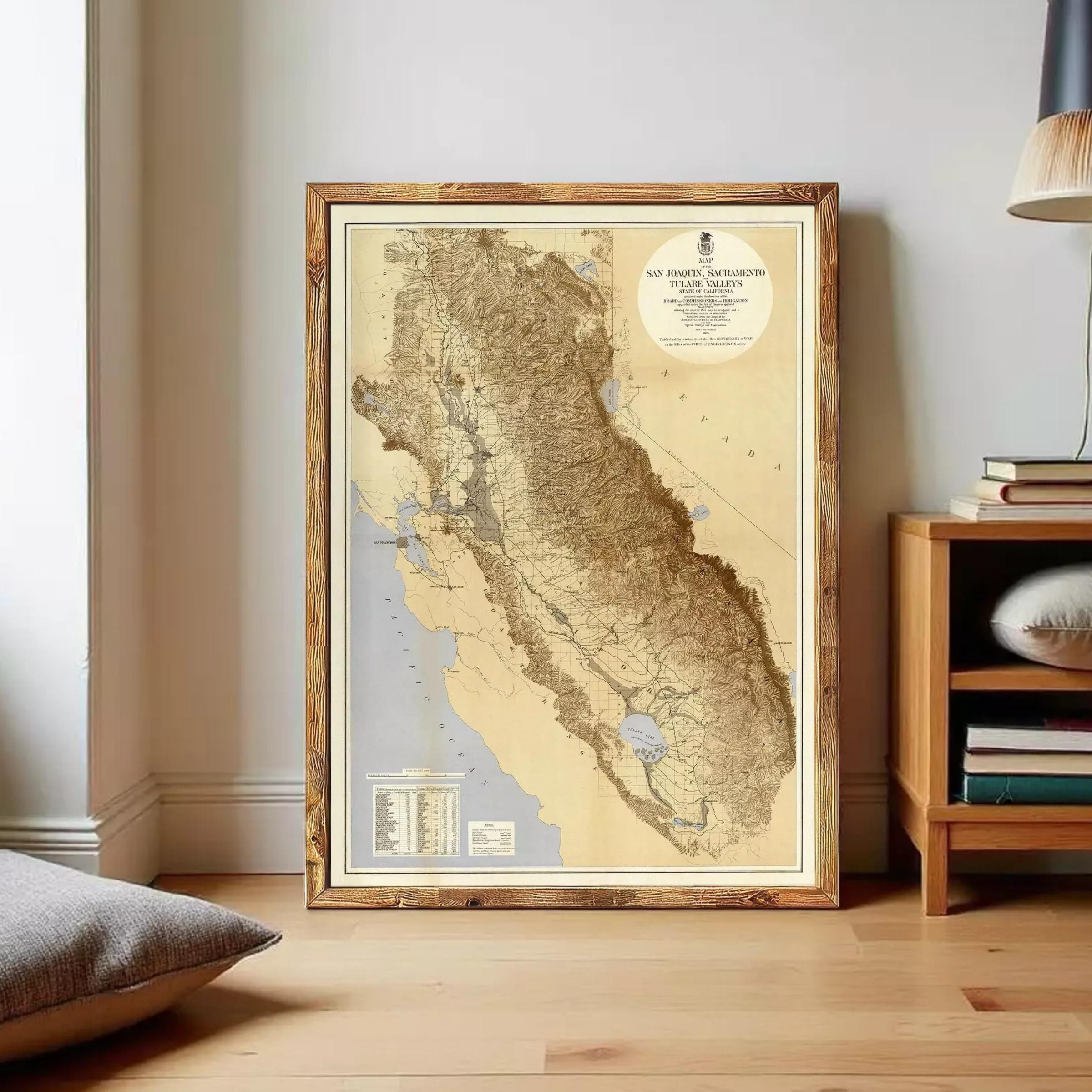 The image is a framed map of the western United States, specifically the California region, with a vintage appearance.