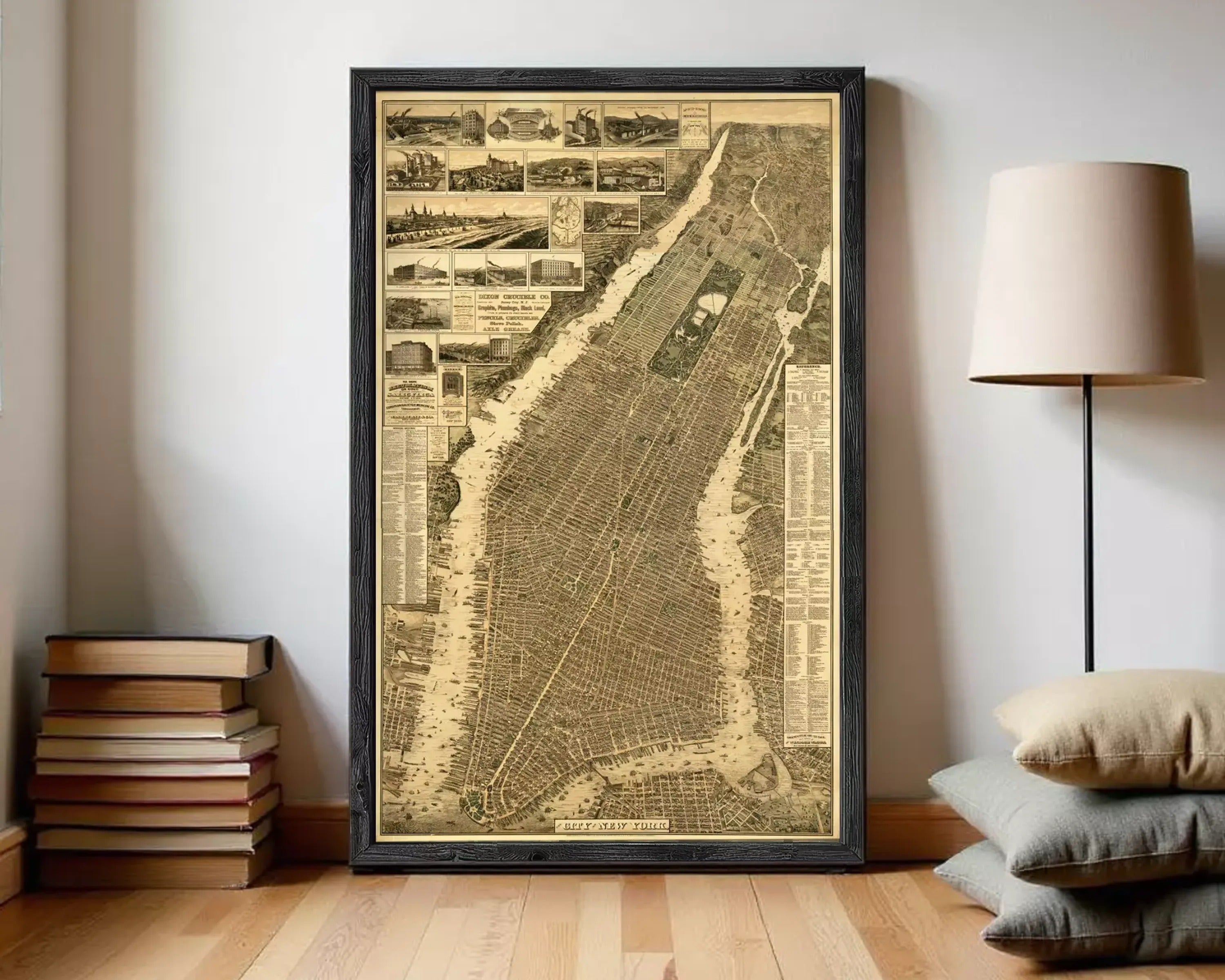 The image is a framed vintage map of New York City, depicting various landmarks and streets in a detailed and intricate manner.