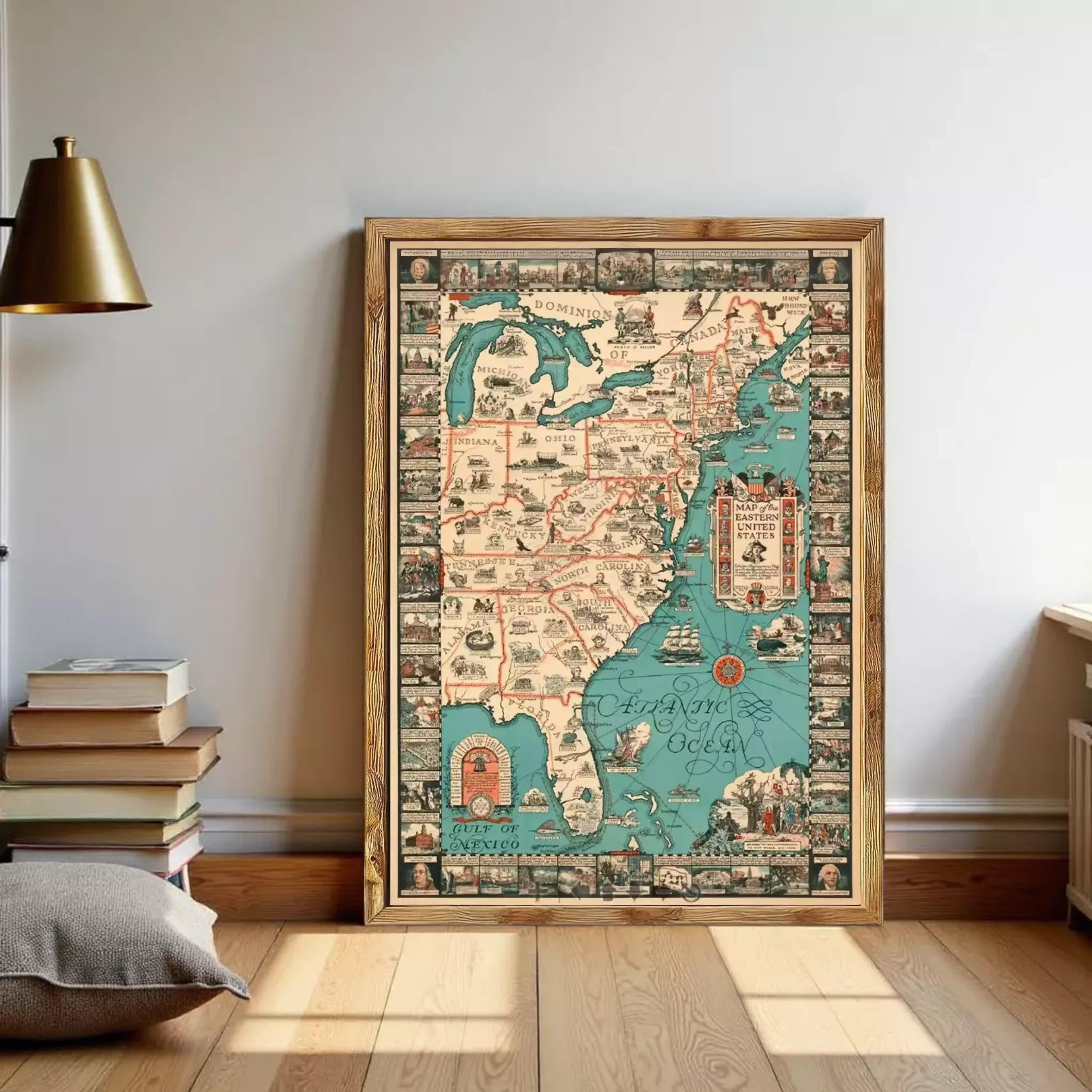The image is a framed vintage map of the United States, depicting various landmarks and regions in a detailed and colorful manner.