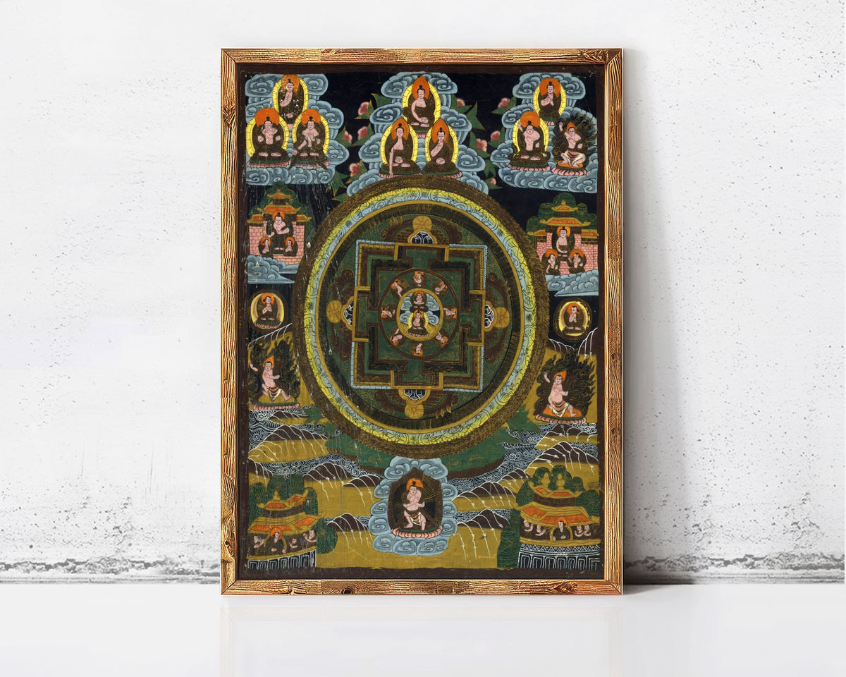 The image is a framed painting depicting a mandala with various Buddhist symbols and figures.