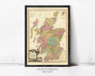 The image is a framed vintage map of Scotland, featuring detailed geographical information and color-coded regions.