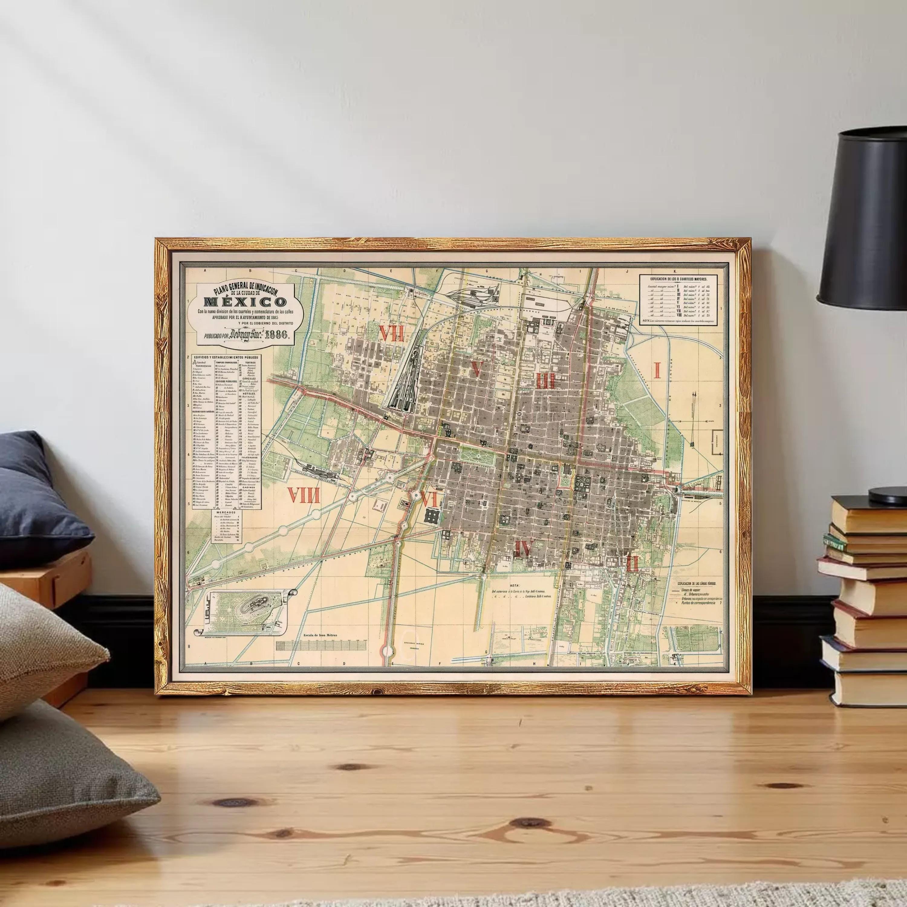 The image is a framed map of Mexico, showing the city layout and various landmarks.