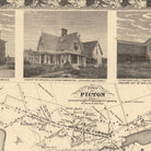 The image is a black and white illustration depicting a large, ornate house with a porch, surrounded by other buildings. The illustration is divided into three panels, with the top panel showing the house and the other two panels showing the surrounding area. The image also includes a map of the town of Picton, providing geographical context to the scene.