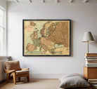 The image is a framed vintage map of Europe, depicting the continent and surrounding seas.