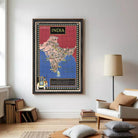 The image is a framed poster of India, featuring a colorful map of the country with various landmarks and symbols.