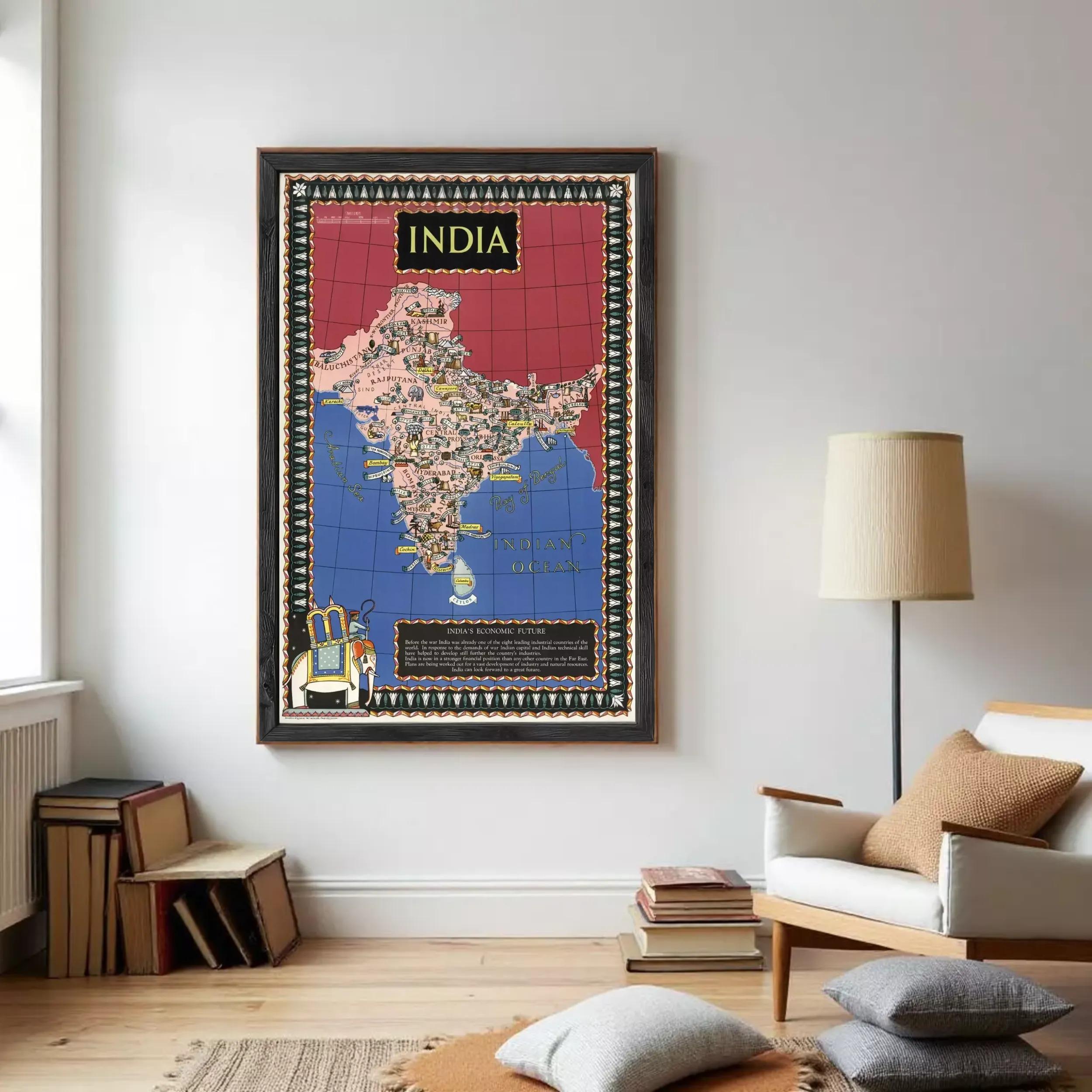 The image is a framed poster of India, featuring a colorful map of the country with various landmarks and symbols.