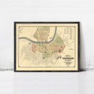 The image is a framed map of Nashville, Tennessee, depicting the city's streets and surrounding areas.