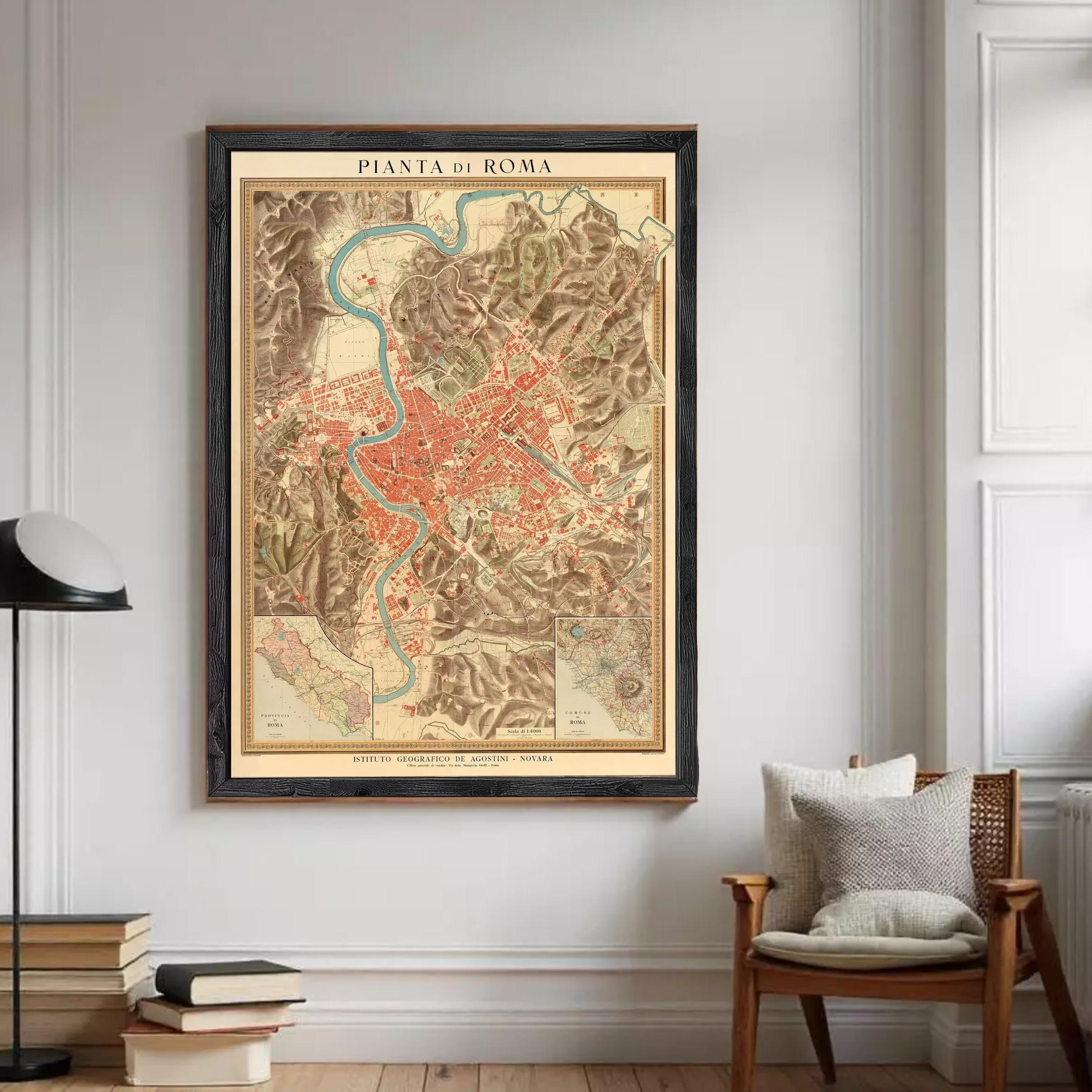 The image is a framed vintage map of Rome, Italy, depicting the city's layout and surrounding areas.