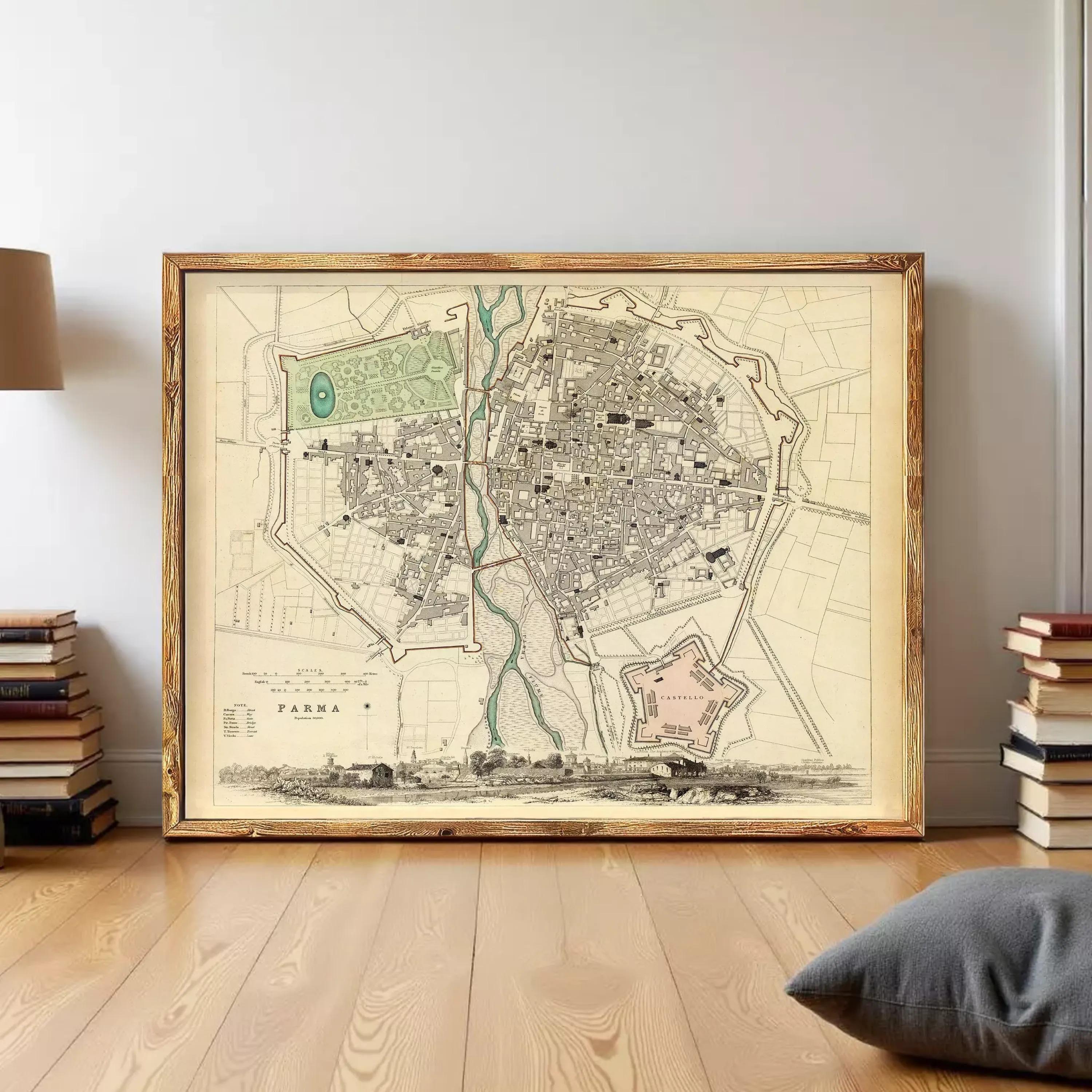 The image is a framed antique map of a city, likely from the 19th century, depicting a detailed layout of the city with streets, buildings, and other landmarks.