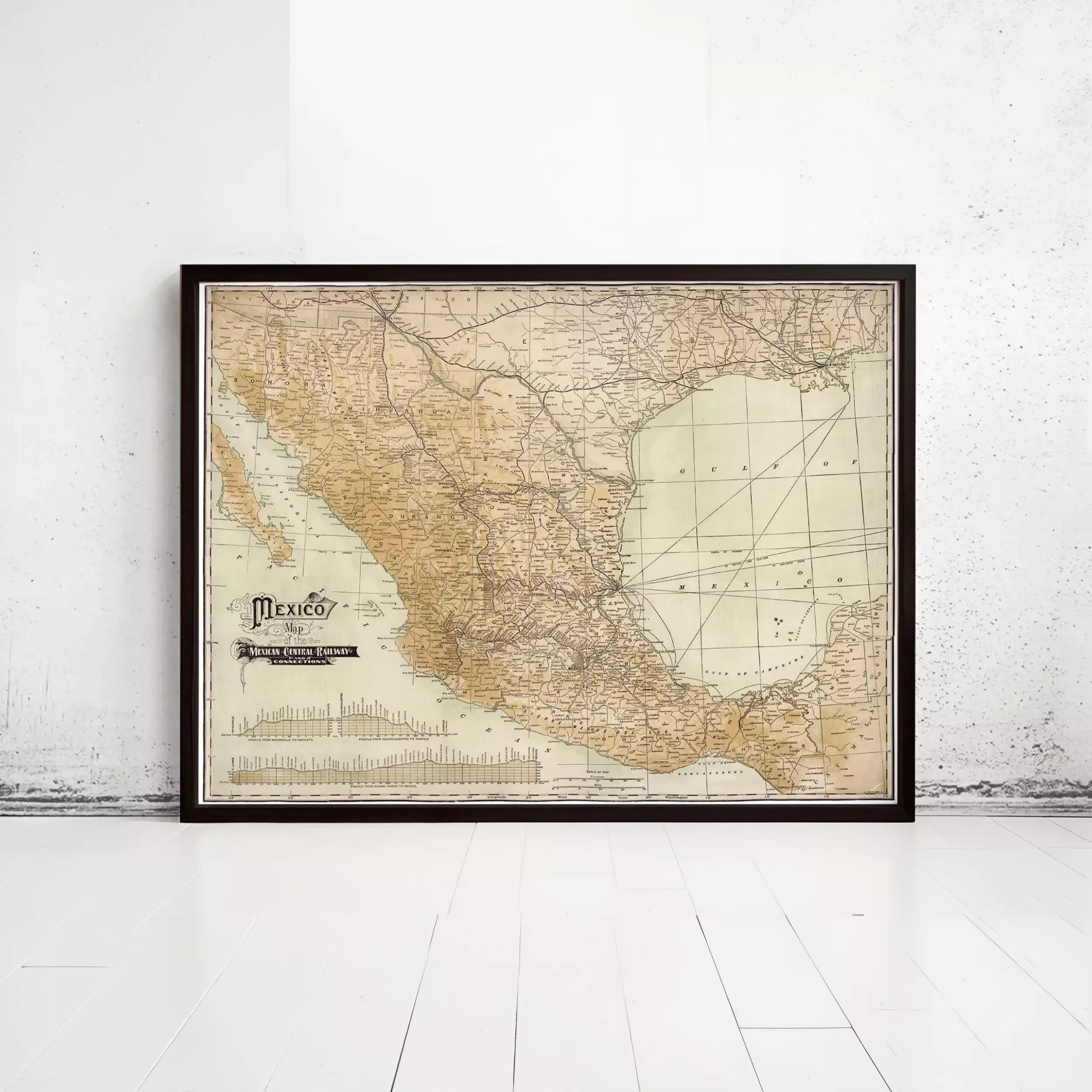 The image is a framed vintage map of Mexico, showing the country's geographical layout and major cities.
