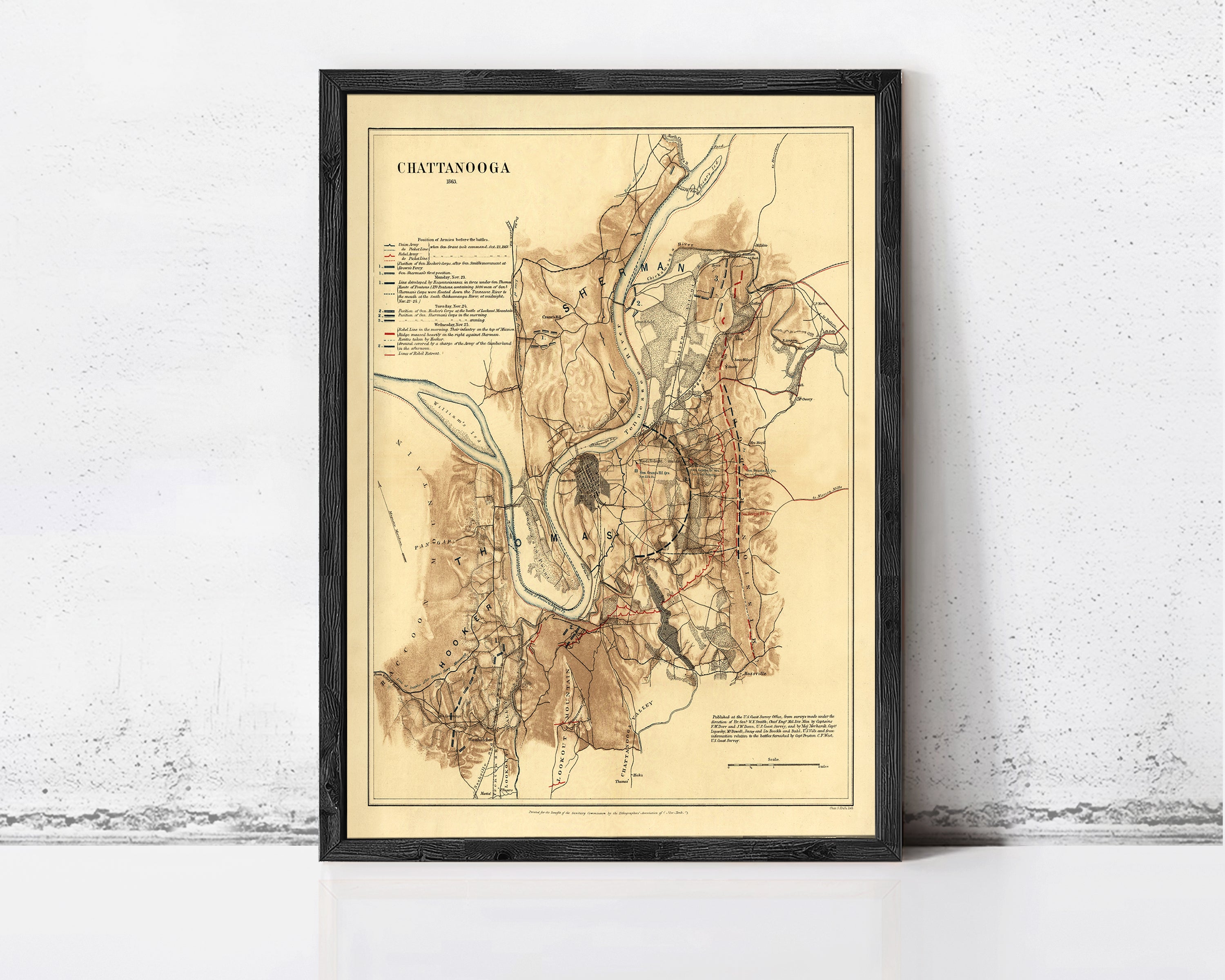 The image is a framed map of Chattanooga, Tennessee, depicting the city's layout and surrounding areas.