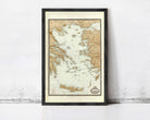 The image is a framed map of Greece, depicting the country's geographical layout and surrounding areas.