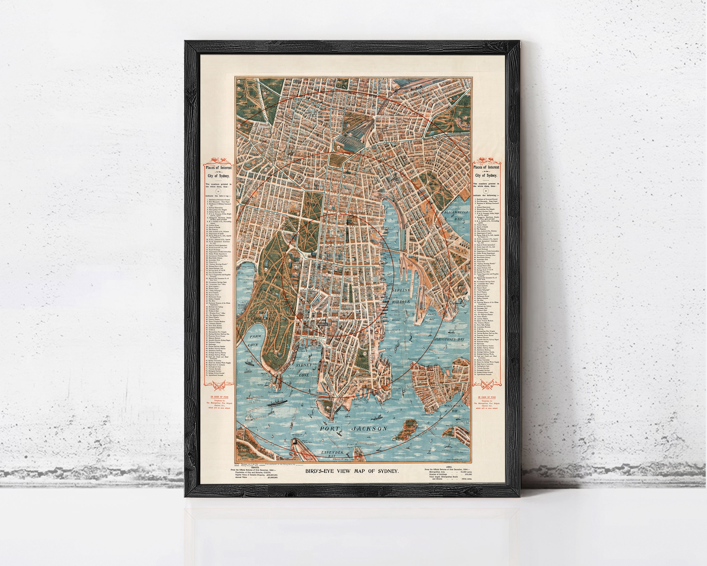 The image is a framed vintage map of Sydney, Australia, depicting the city's streets and landmarks.