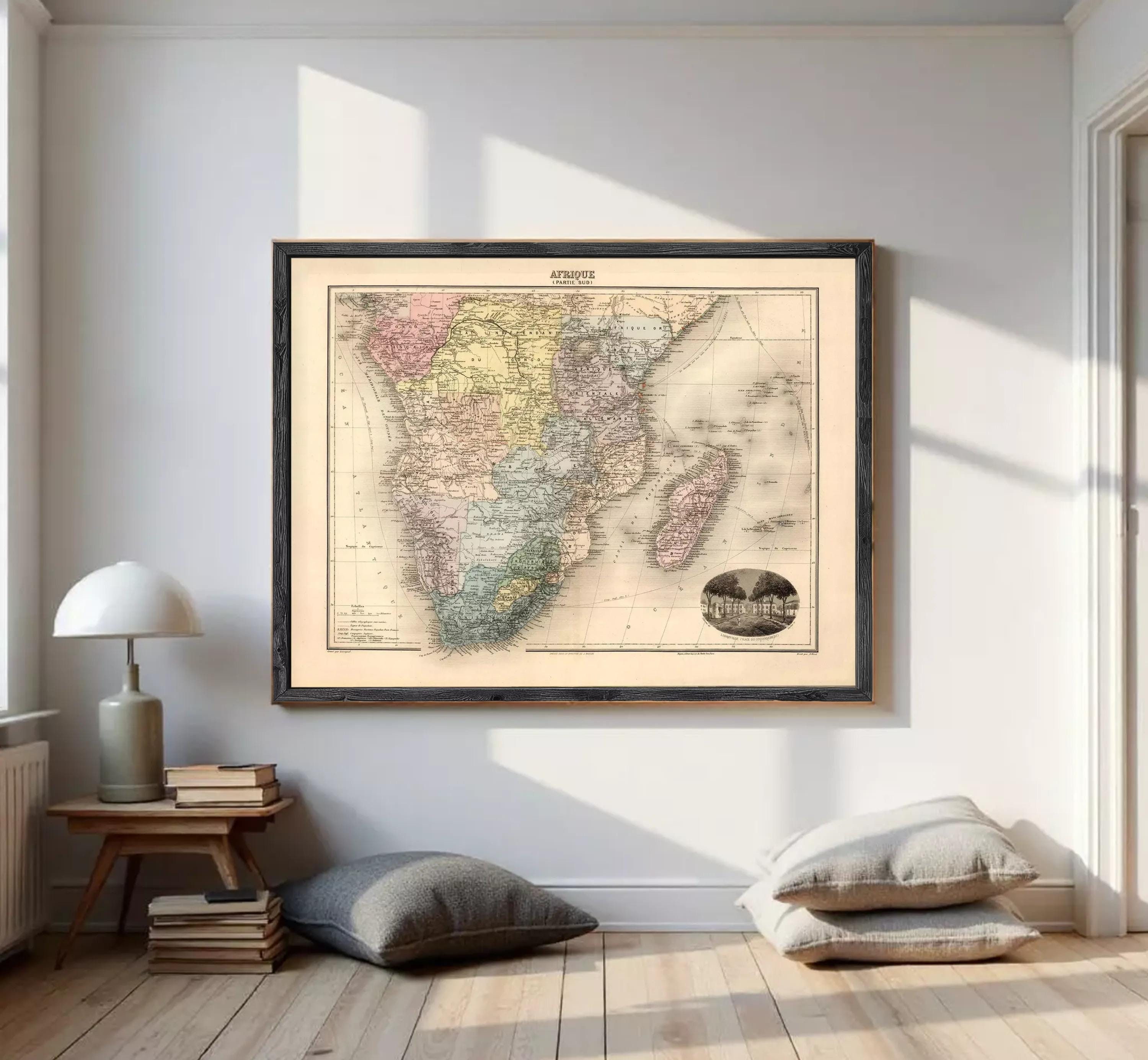 The image is a framed vintage map of Africa, depicting the continent in a detailed and colorful manner.