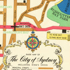 The image is a detailed map of the City of Sydney, Australia, showing streets, landmarks, and a compass rose.