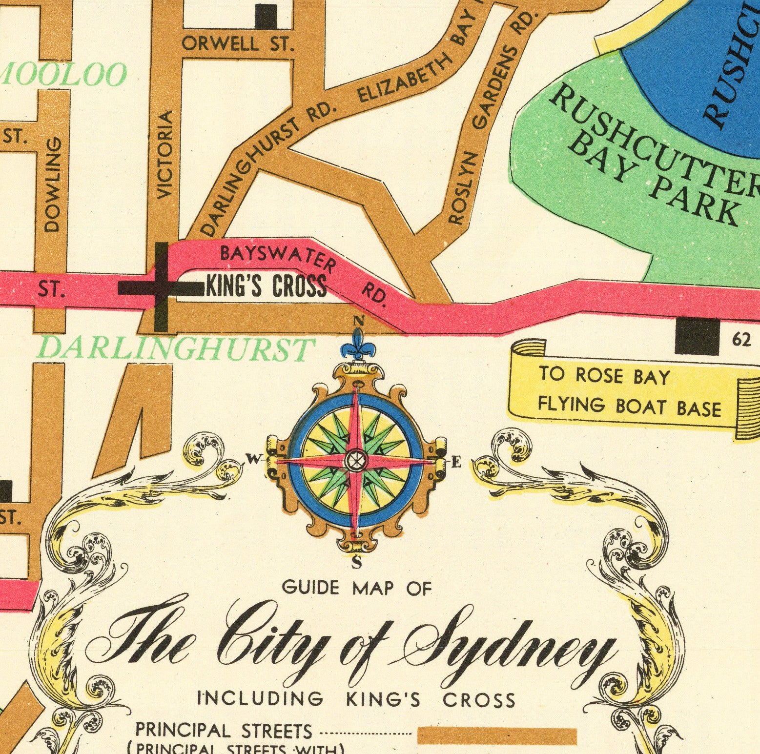 The image is a detailed map of the City of Sydney, Australia, showing streets, landmarks, and a compass rose.