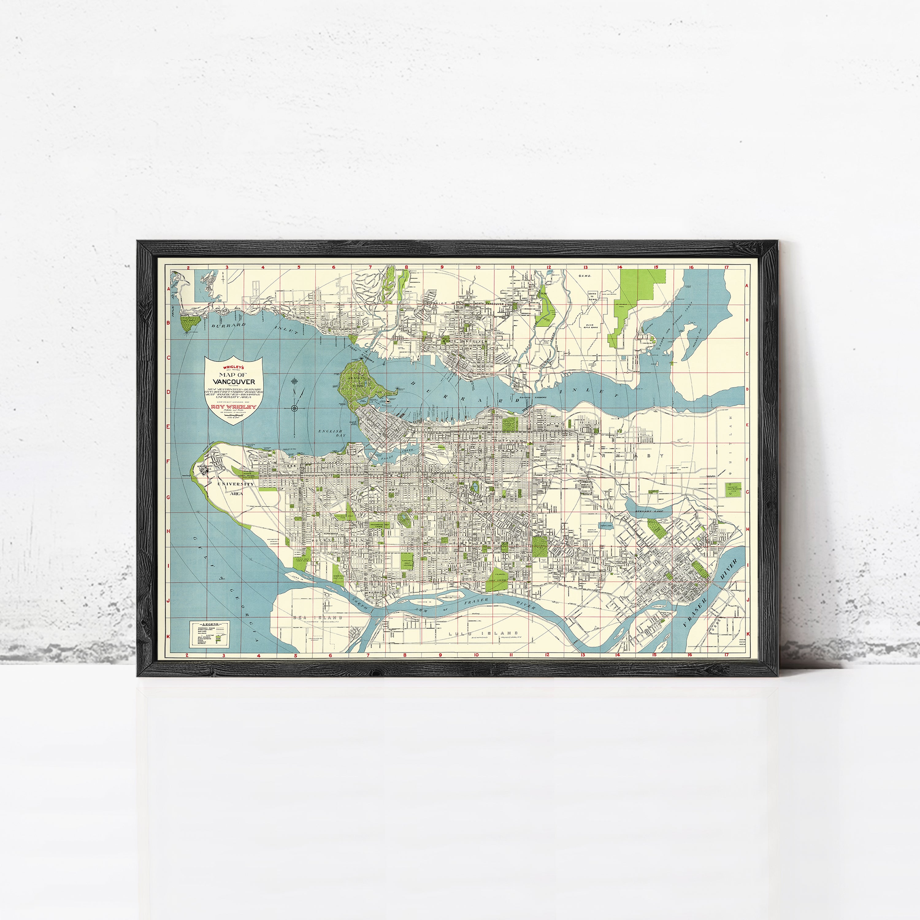 The image is a framed vintage map of Vancouver, British Columbia, Canada.