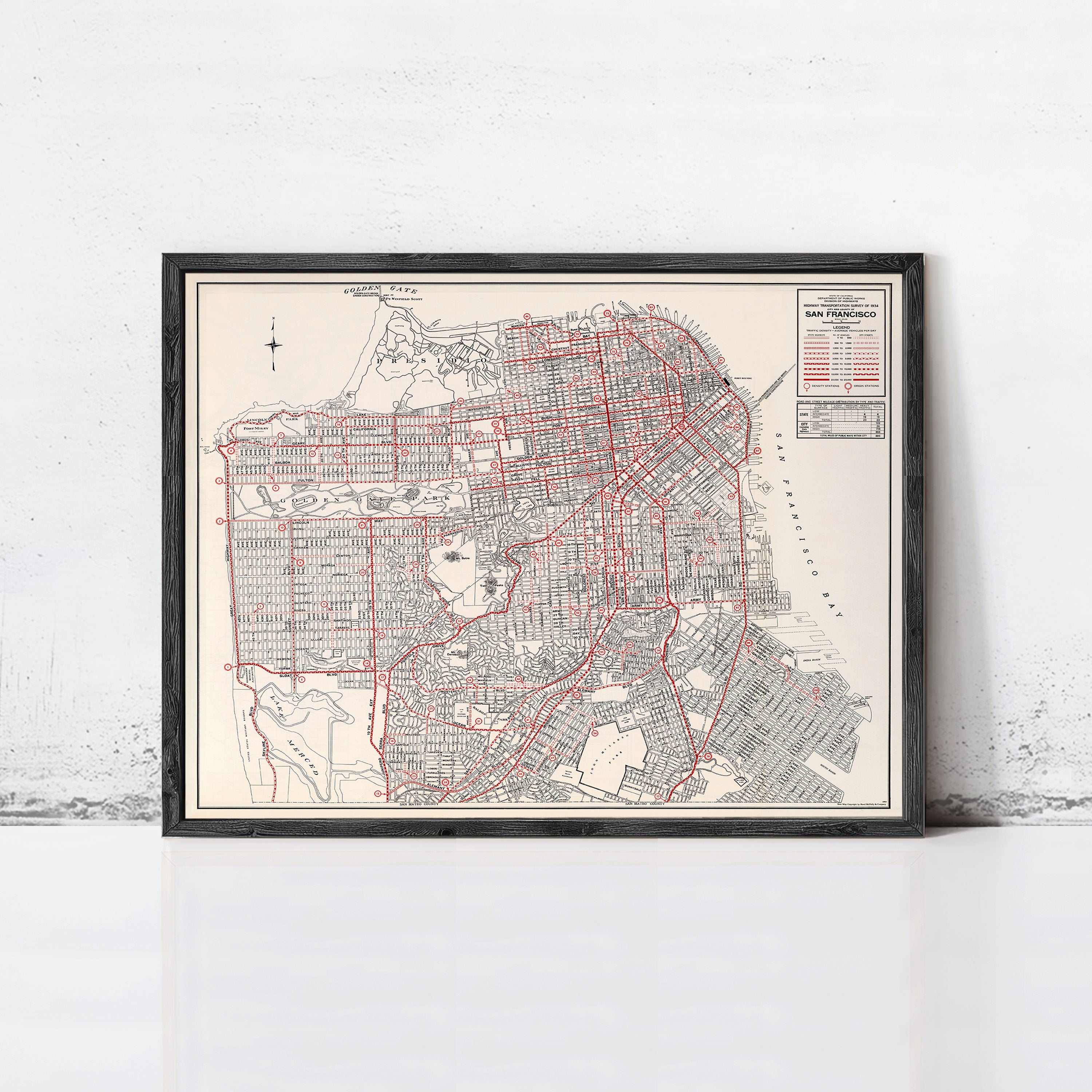 The image is a framed map of San Francisco, California, depicting the city's streets and landmarks.
