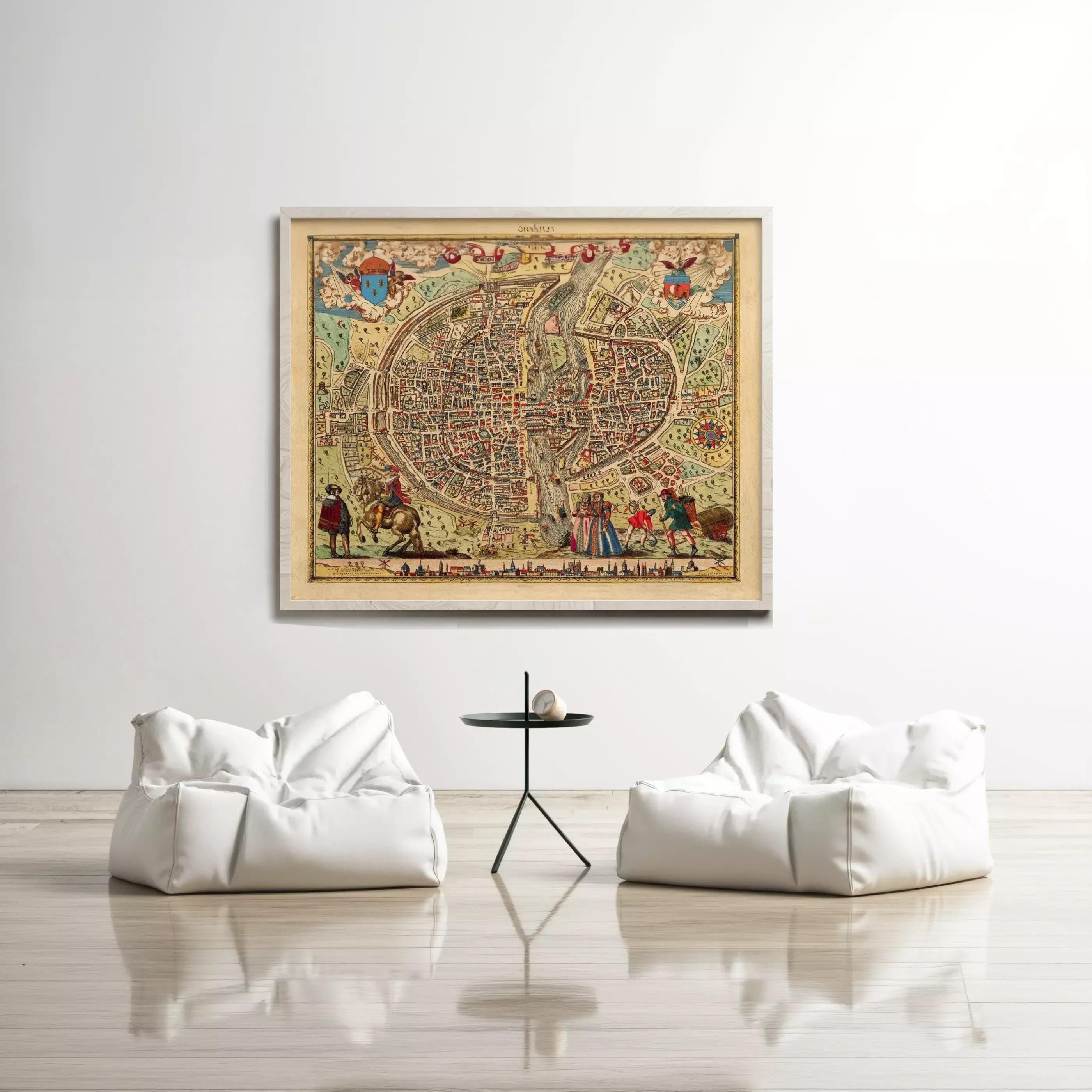 a large, colorful map of a city hanging on a white wall, with two white bean bag chairs positioned in front of it.