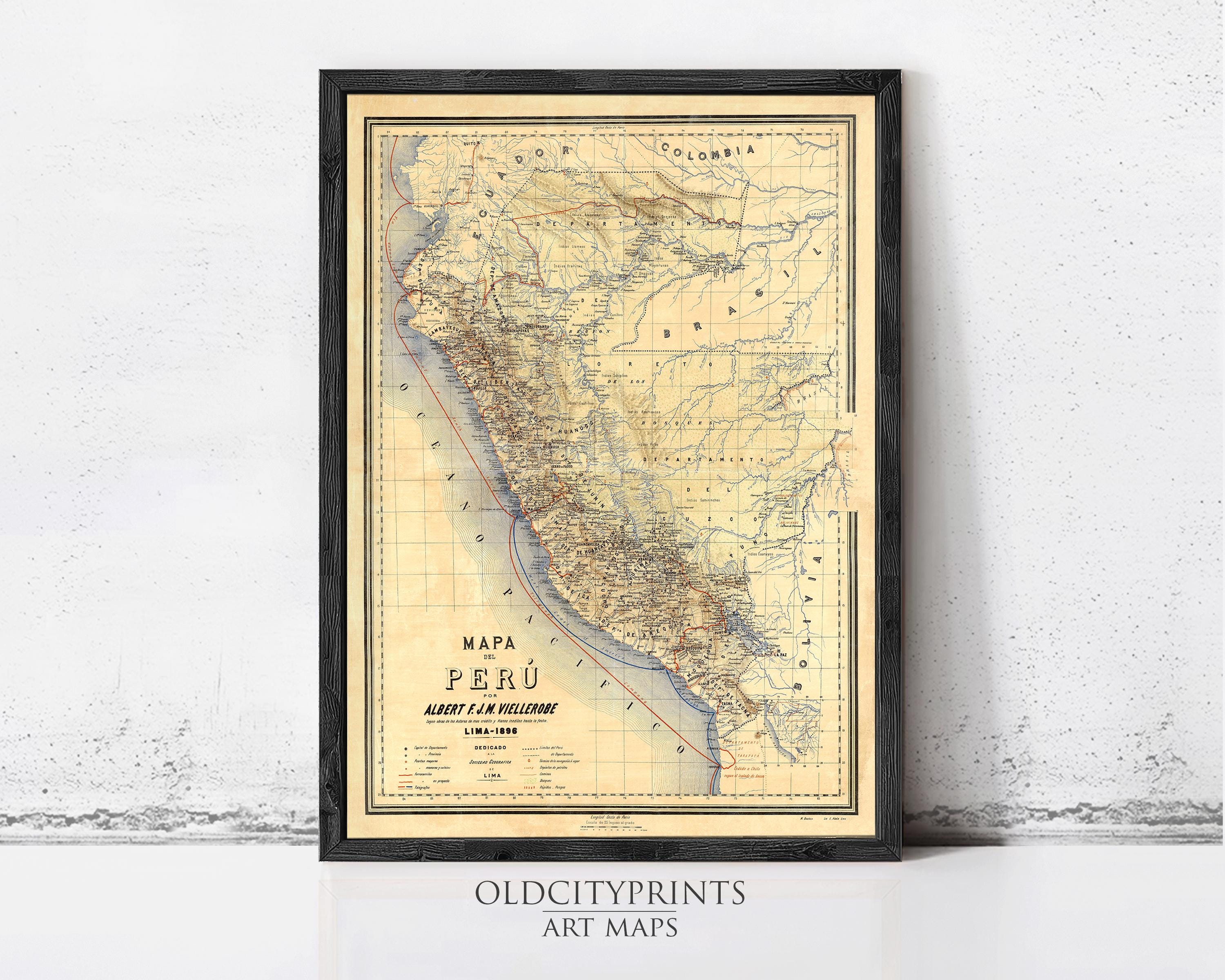 The image is a framed vintage map of Peru, depicting the country's geographical layout and boundaries.