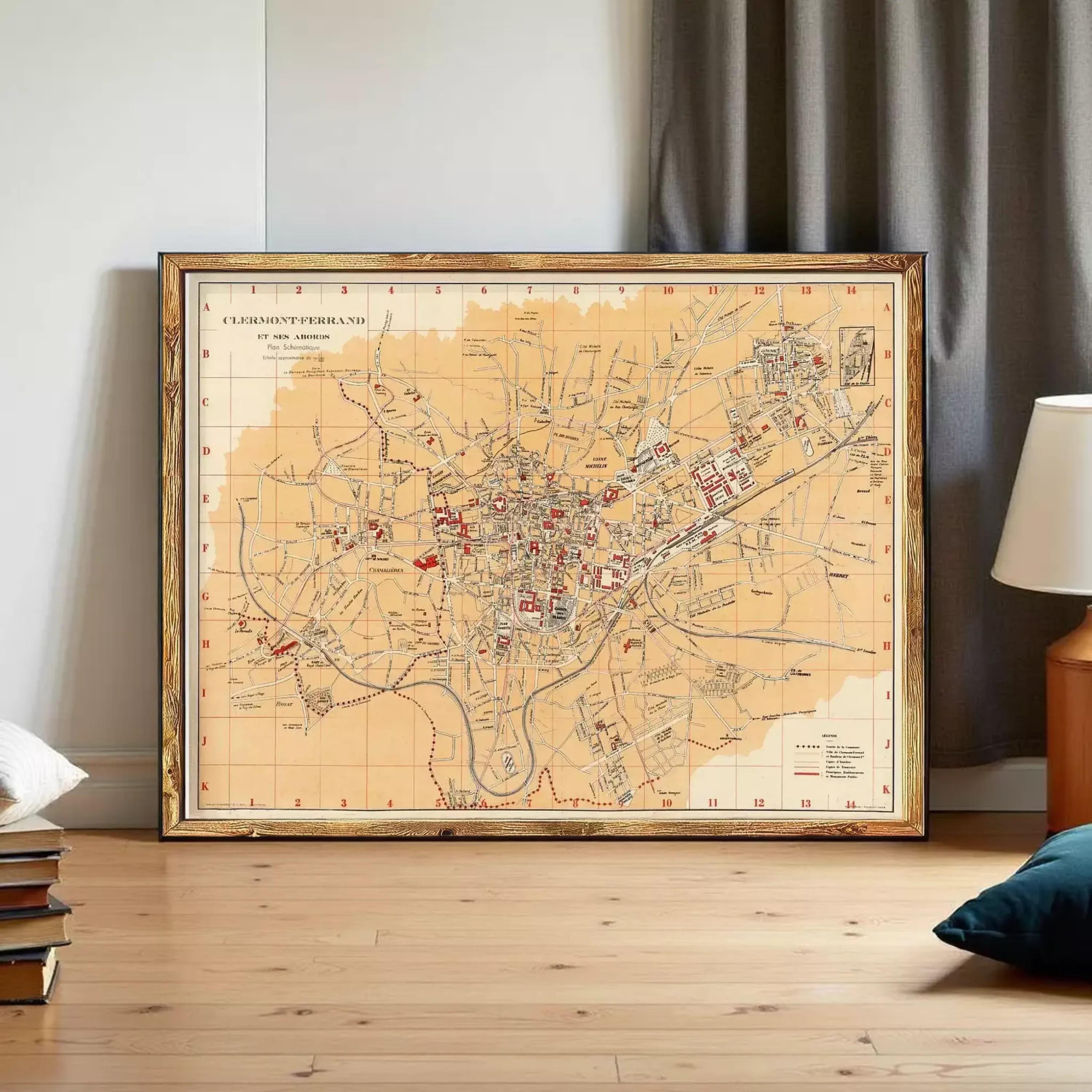 The image is a framed vintage map of a city, likely from the 19th century, with a grid-like layout and various landmarks and streets marked on it.