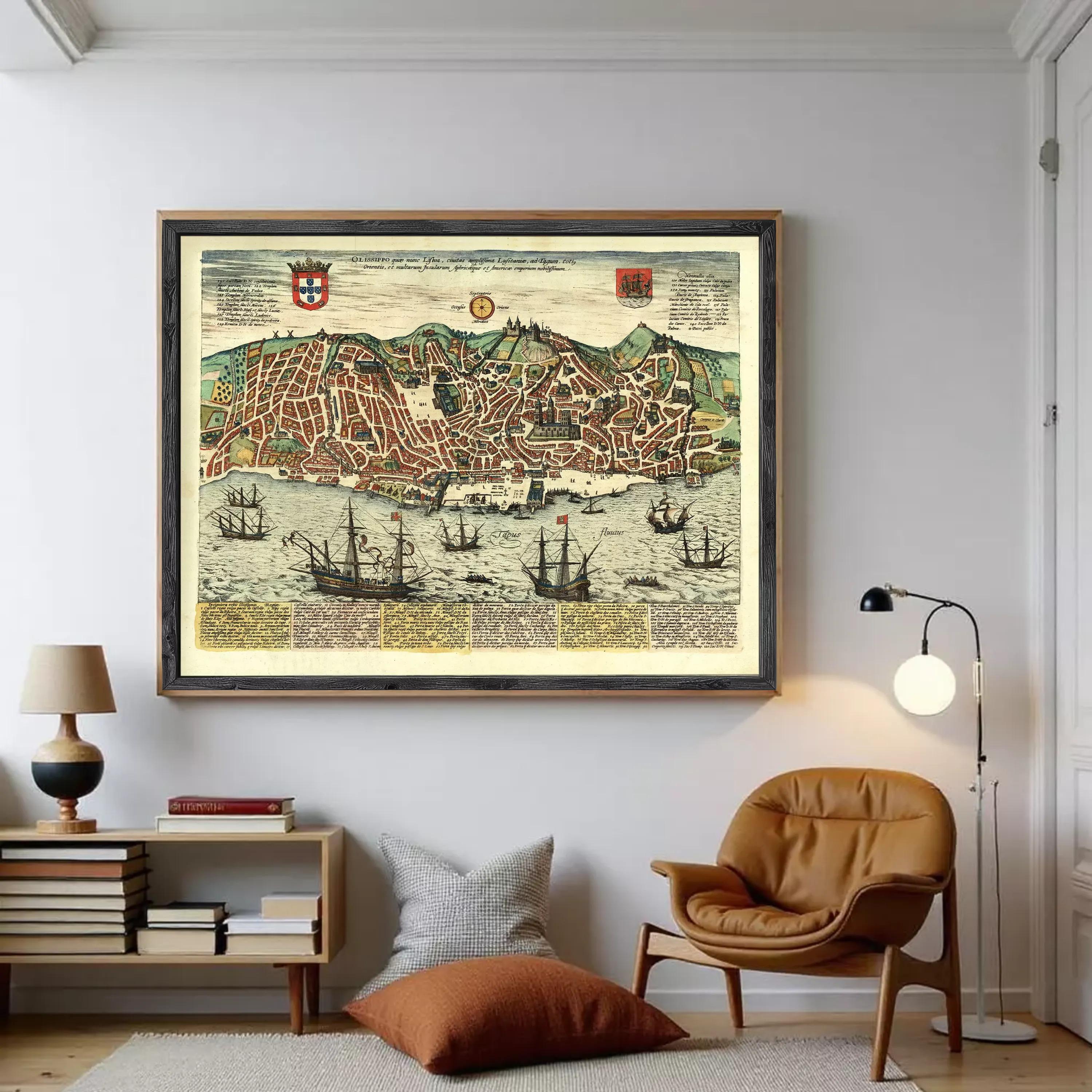 The image is a framed vintage map of a coastal city, depicting a bustling harbor filled with ships and boats.