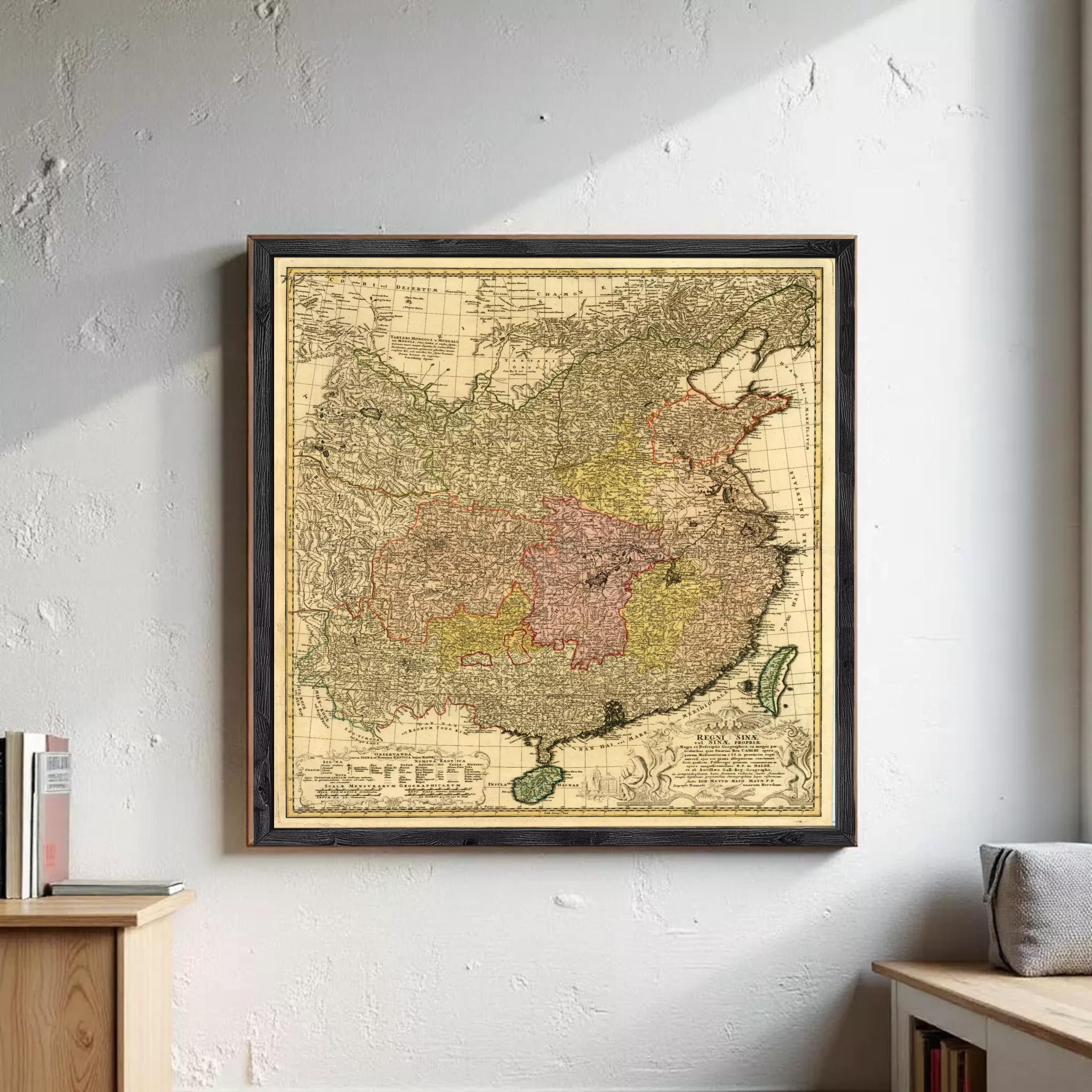 The image is a framed vintage map of China, depicting the country in a detailed and intricate manner.