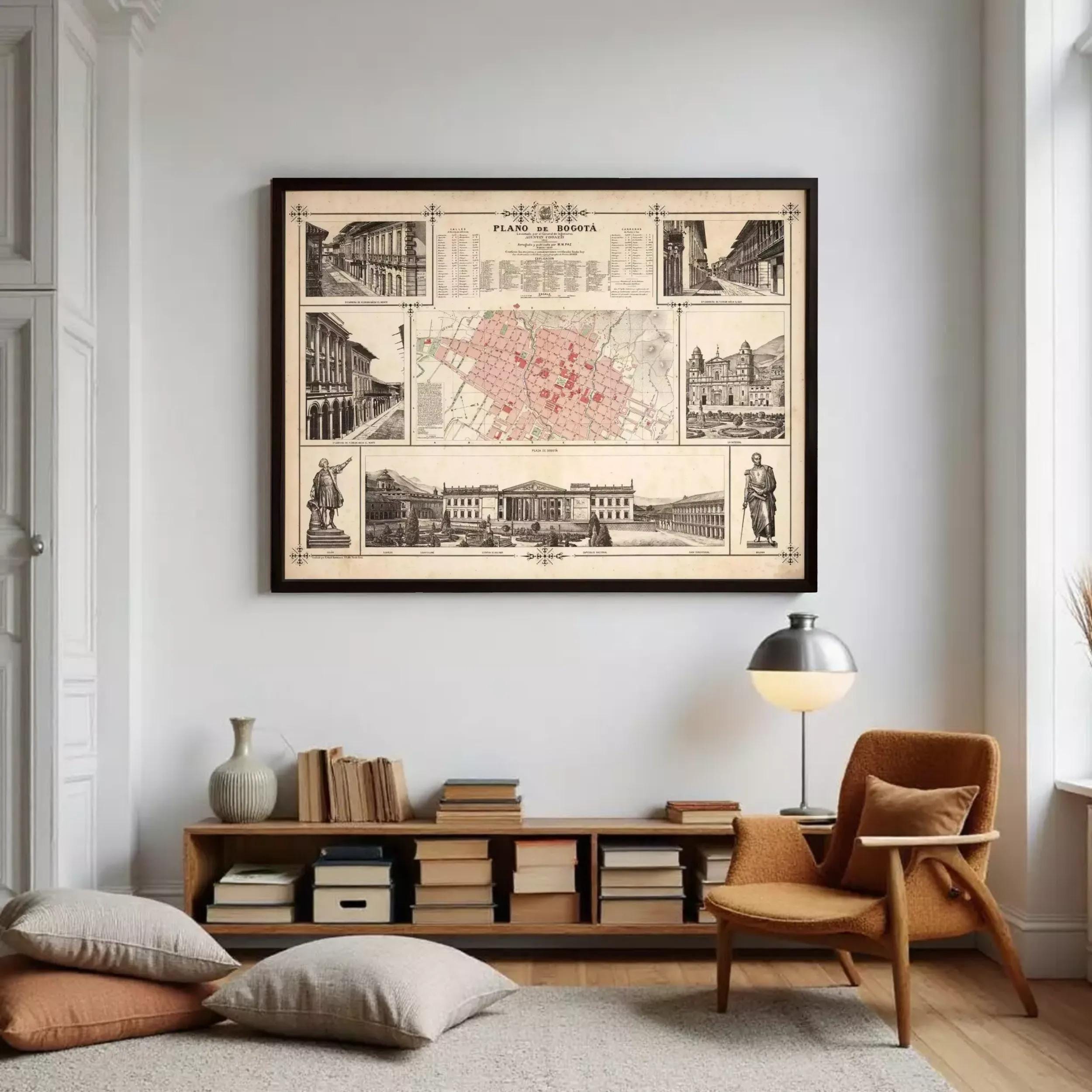 The image is a framed collage of various architectural and historical images, including buildings, statues, and maps, all set against a white background.