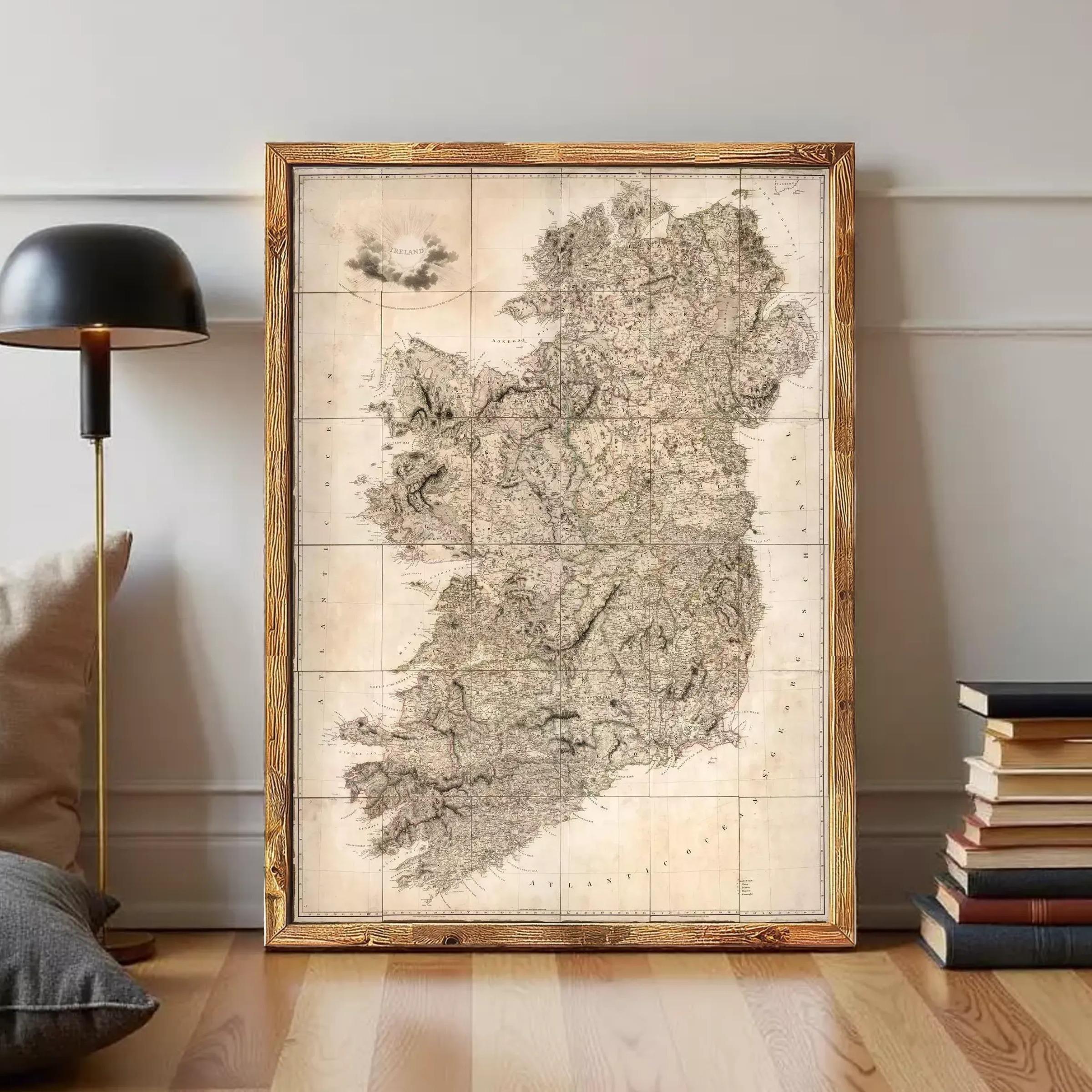 The image is a framed map of Ireland, showing the country's geographical layout and surrounding areas.