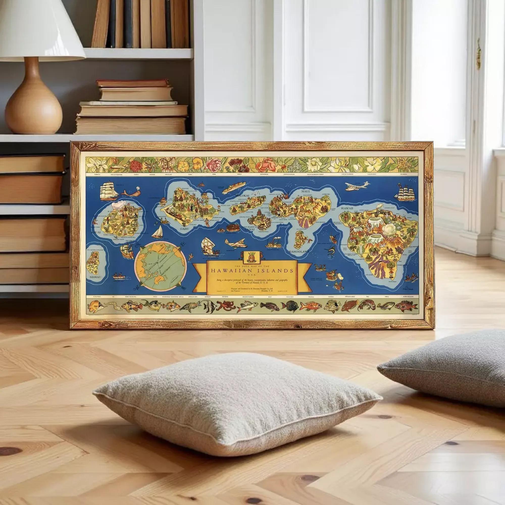 A framed map of the Hawaiian Islands is displayed on a wooden floor in a room with bookshelves and a lamp.