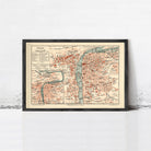 The image is a framed vintage map of Prague, Czech Republic, depicting the city's streets and landmarks.