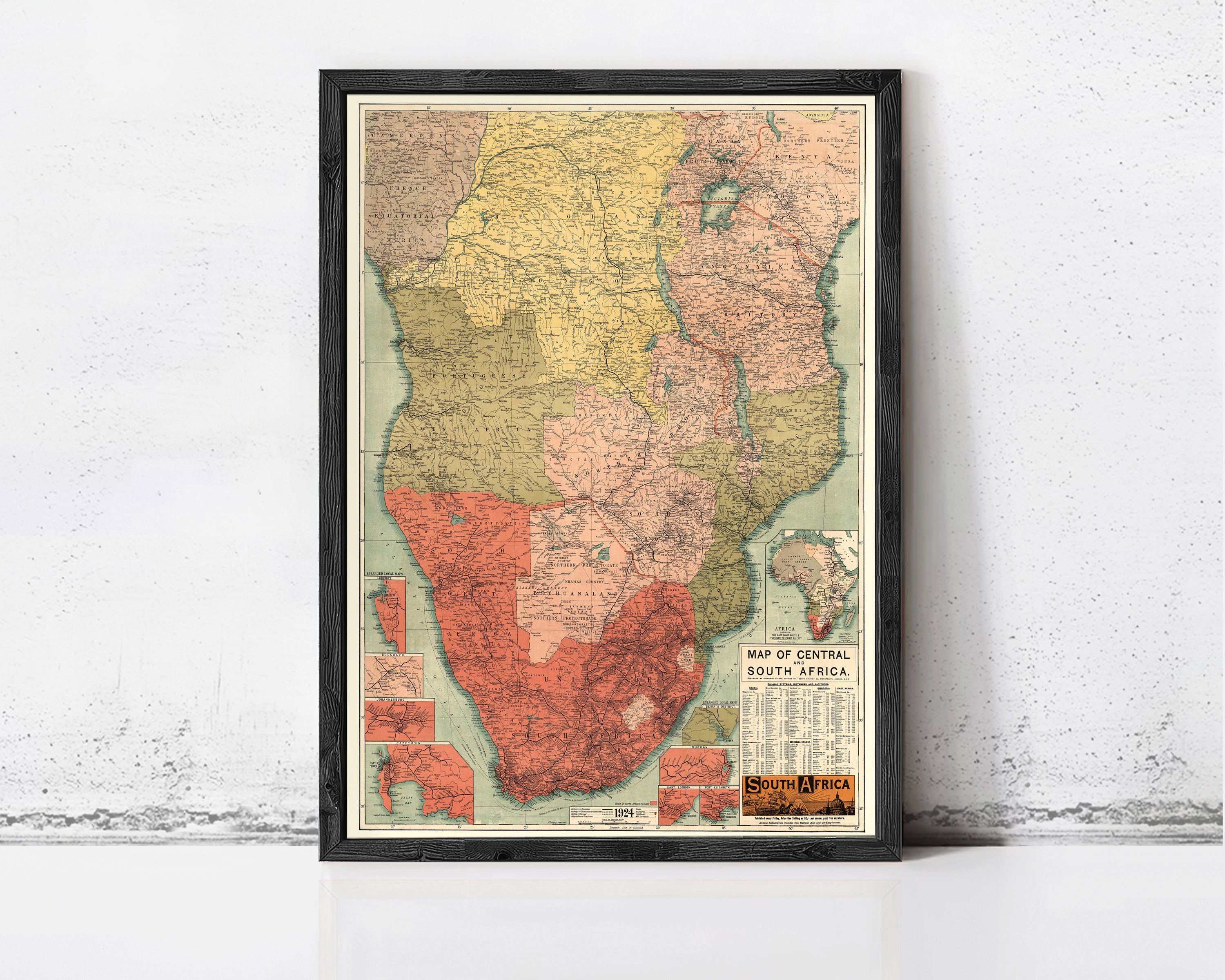 The image is a framed map of South Africa, depicting the country's geographical layout and boundaries.