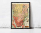 The image is a framed map of South Africa, depicting the country's geographical layout and boundaries.