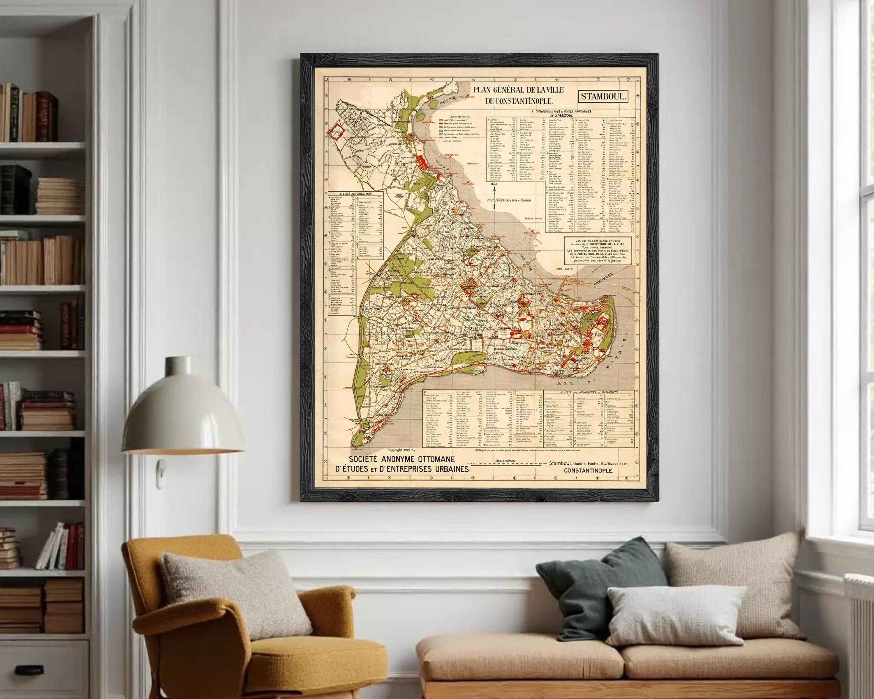 The image is a framed vintage map of Istanbul, Turkey, depicting the city's streets and landmarks.