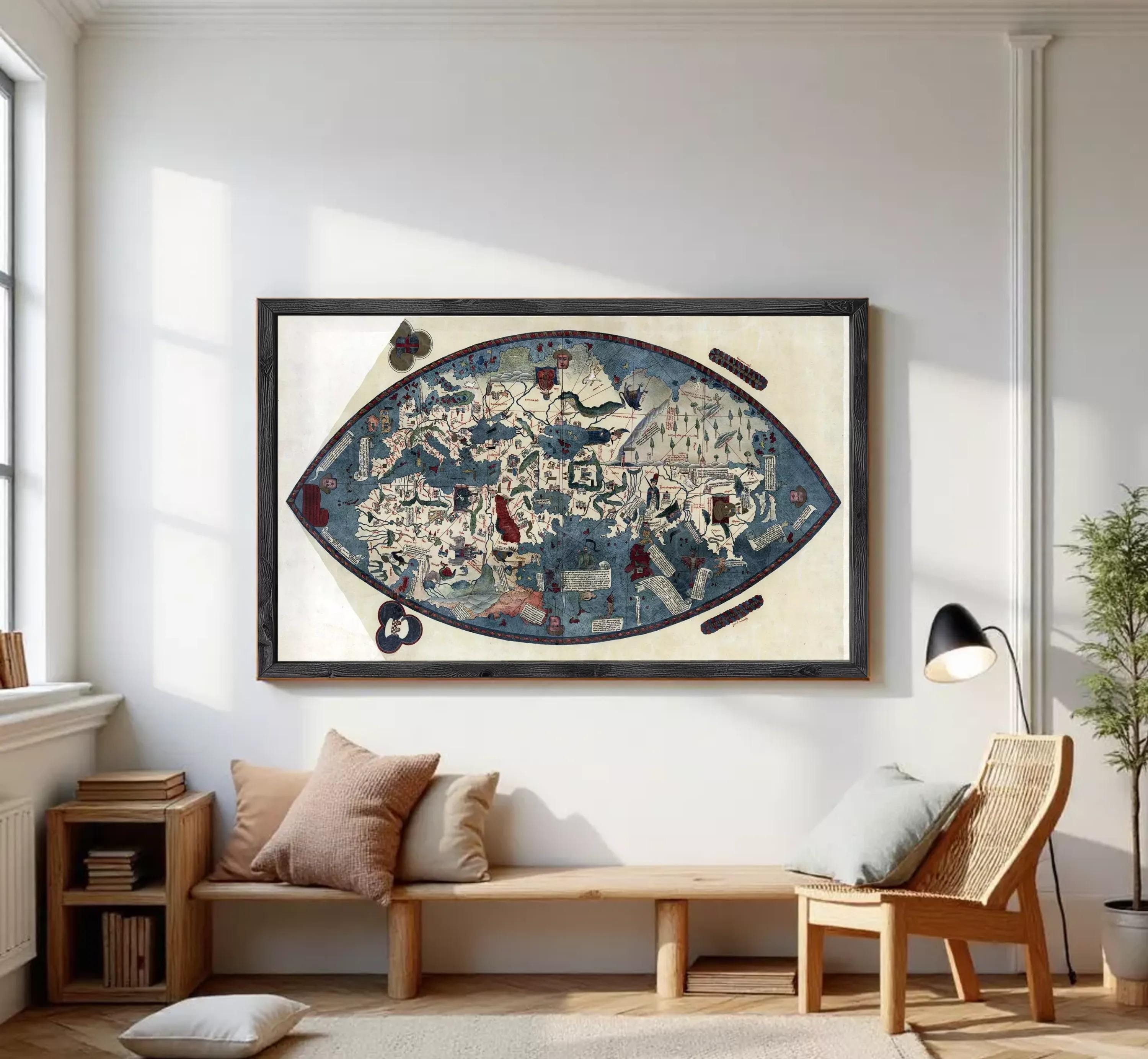 The image is a framed map of the world, depicting various landmarks and geographical features.