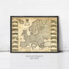 The image is a framed antique map of Europe, depicting various regions and countries across the continent.