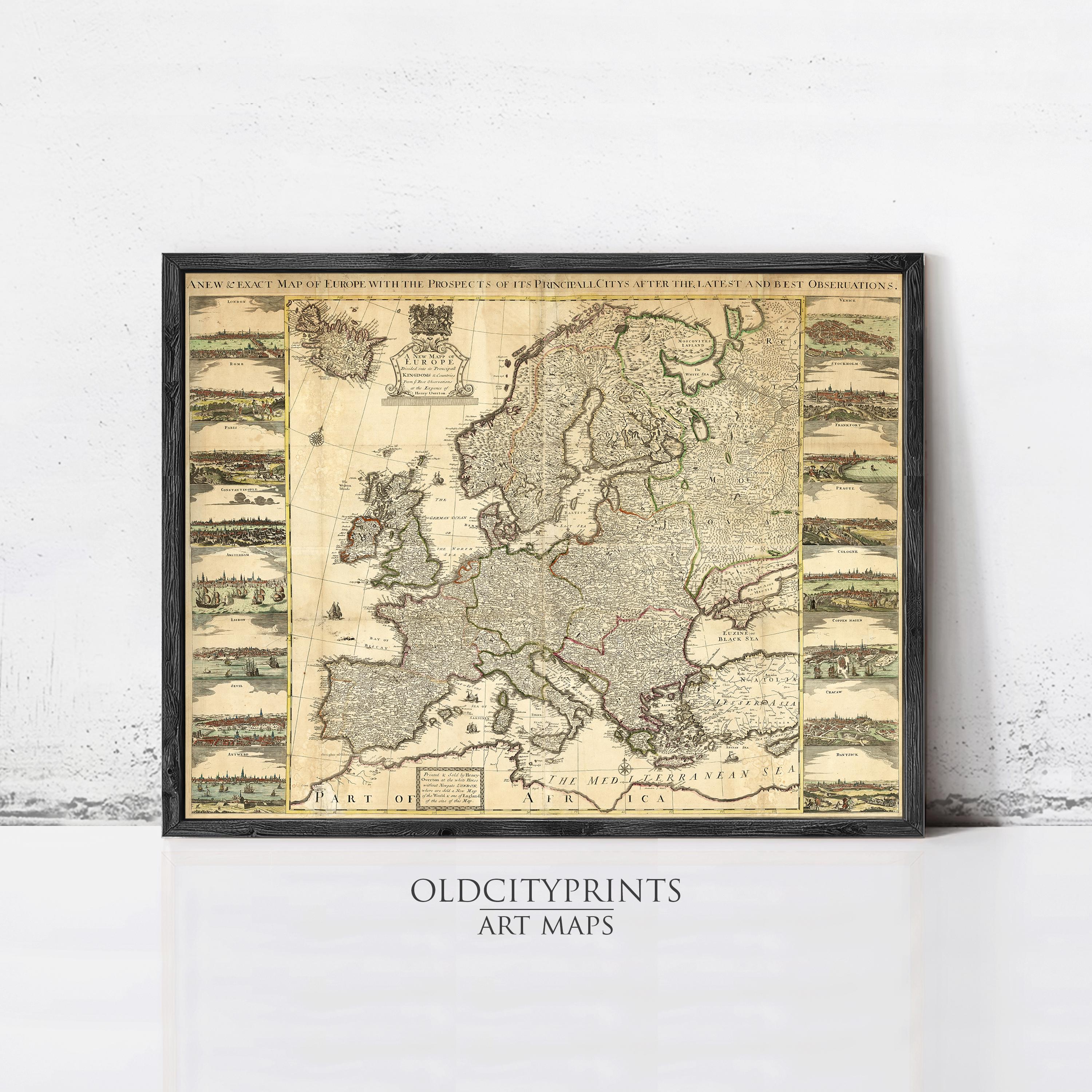 The image is a framed antique map of Europe, depicting various regions and countries across the continent.