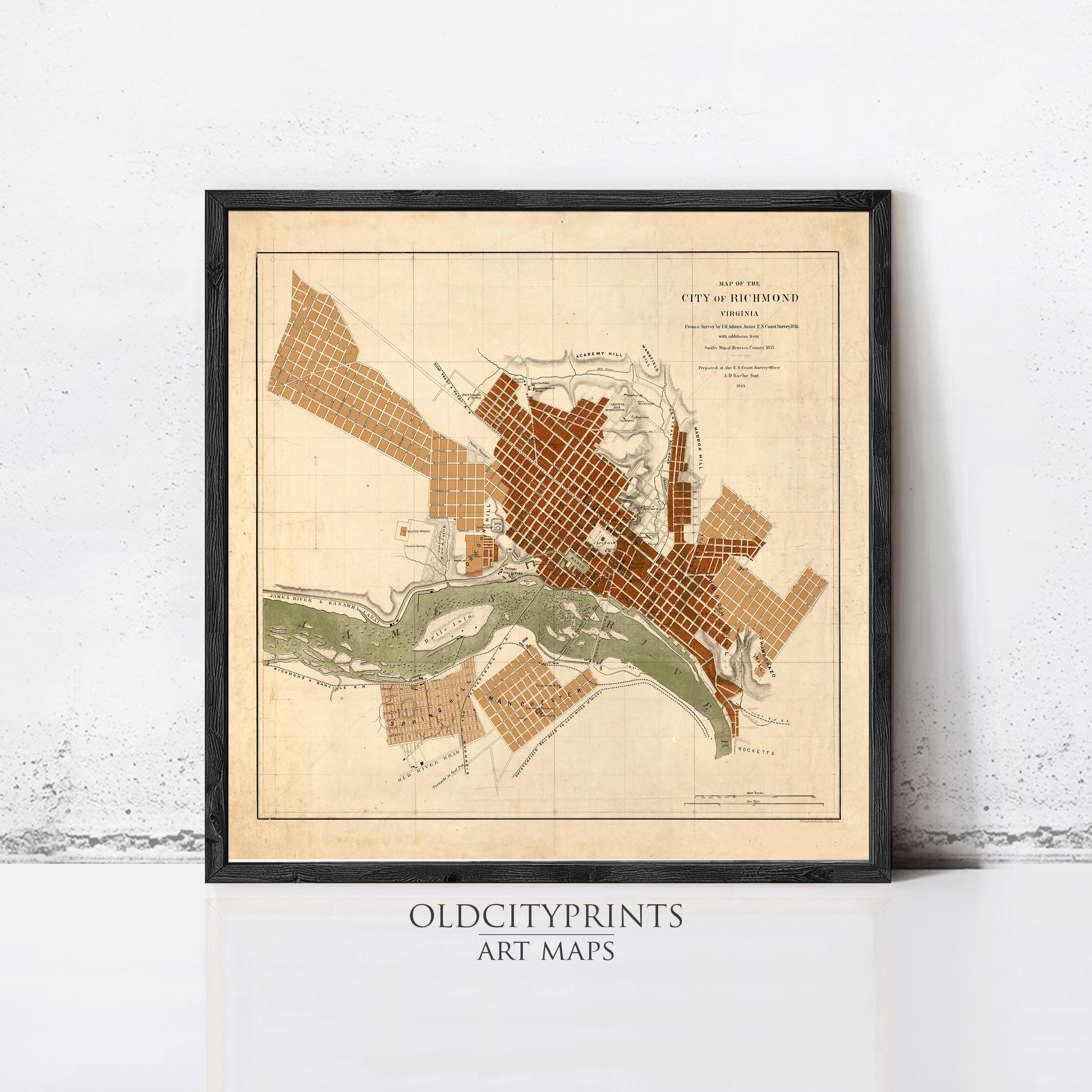 The image is a framed vintage map of the city of Richmond, Virginia, depicting the city's layout and surrounding areas.