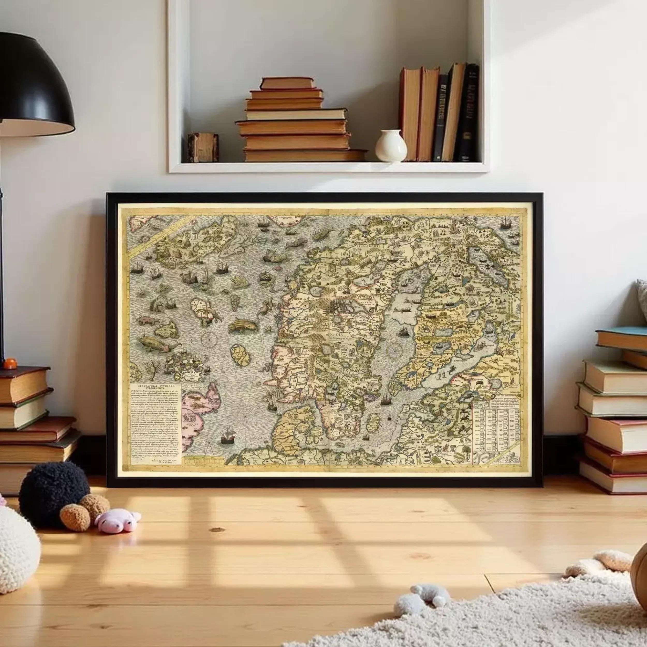 a large framed map of a region, with a bookshelf and various books and decorative items in the background.