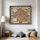 The image is a framed vintage map of Melbourne, Australia, depicting various landmarks and locations within the city.